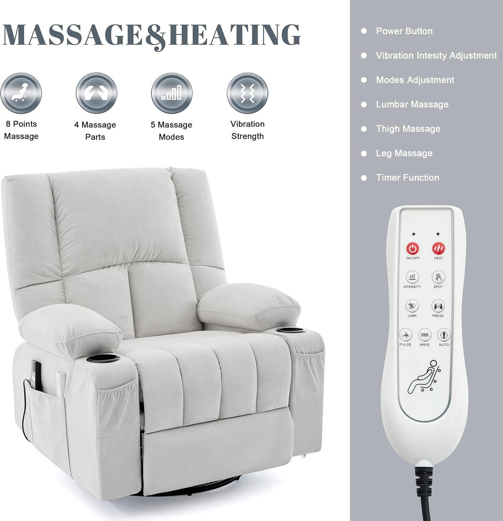 Rocker Recliner Chair with Heat and Massage, 360° Swivel Recliner Chairs for Adults, Oversized Recliner Single Sofa Seat with Cup Holders, Lazy Boy Recliner Single Sofa (Electric, Grey)