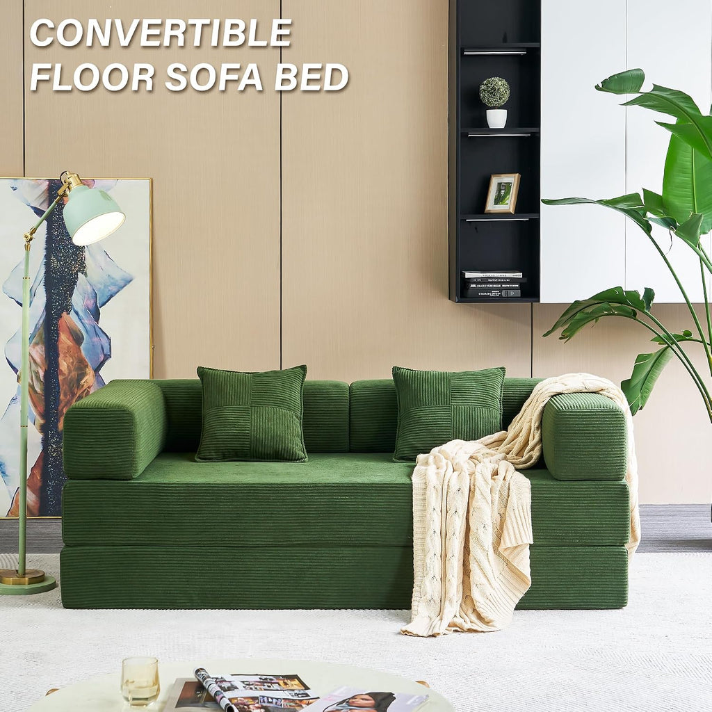 YINIX Foldable Sofa Bed, 78'' Folding Floor Couch, Compressed Convertable Sleeper Sofa, Memory Foam Couch with Pillow Back Support Armrest, 4-in-1 Futon Sofa Bed for Living Room, Green