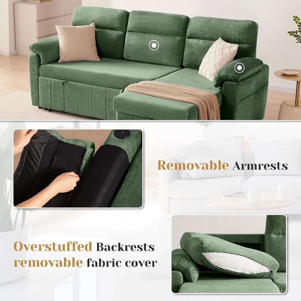 Tbfit 84'' Sleeper Sofa Bed, 3 in 1 Cloud Pull Out Sofa Couch with USB & Storage Chaise, Chenille Convertible Sofa Bed with Pull Out Bed, Couches for Living Room, Apartment, Office, Green