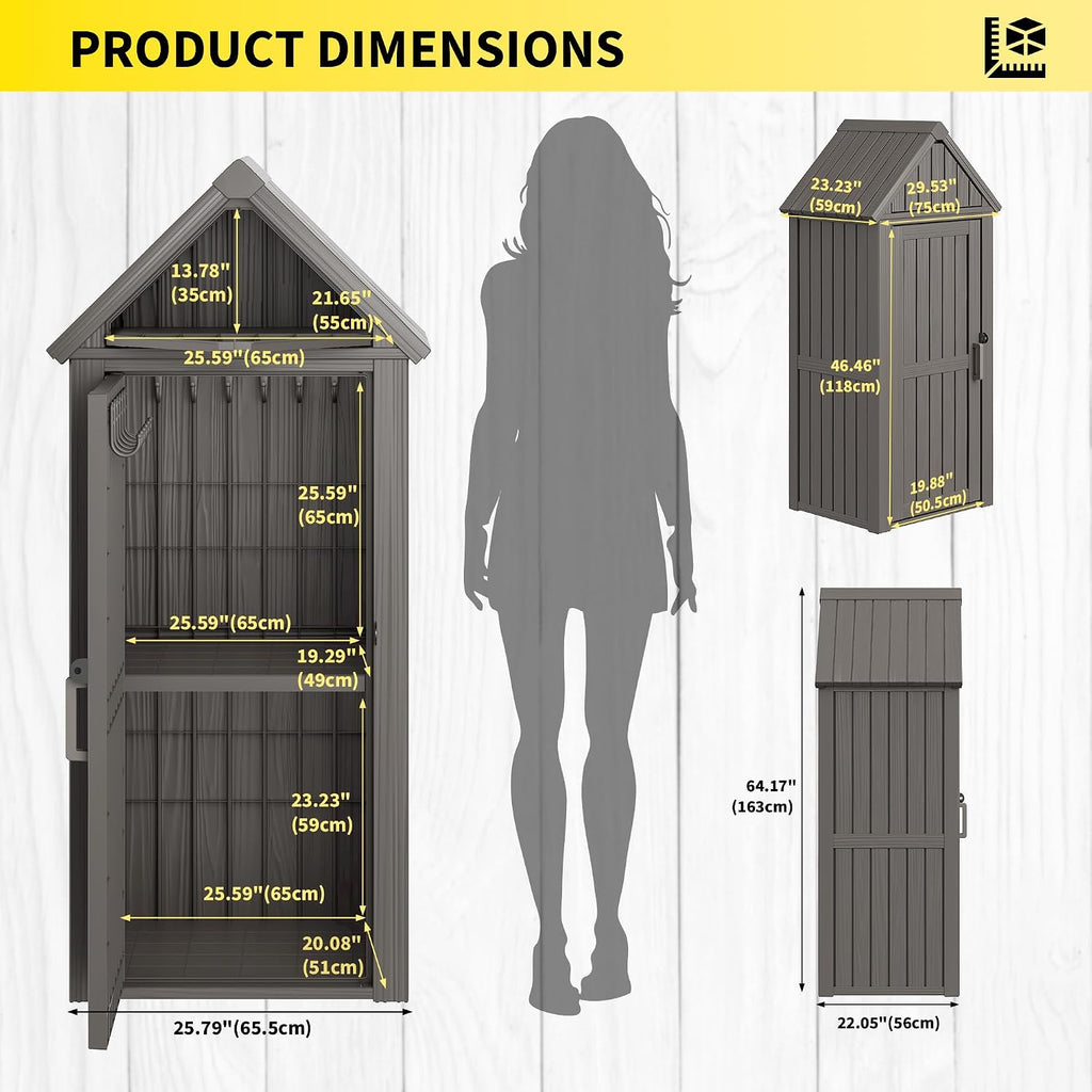 Fancyango Outdoor Resin Storage Cabinet Sturdy All-Weather Shed with Removable Shelves Lock Ring & Reinforced Floor – for Garden Patio Lawn (Grey)