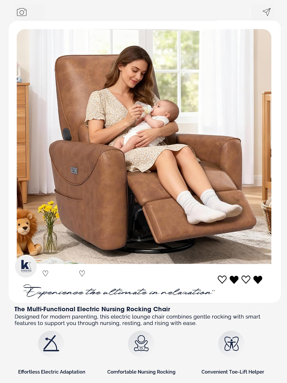 KINGYES Nursery Recliner Rocking Chair, 270° Swivel Glider, with Bluetooth Speaker & USB-C Port, Faux Leather Nursery Rocking Chair, Brown