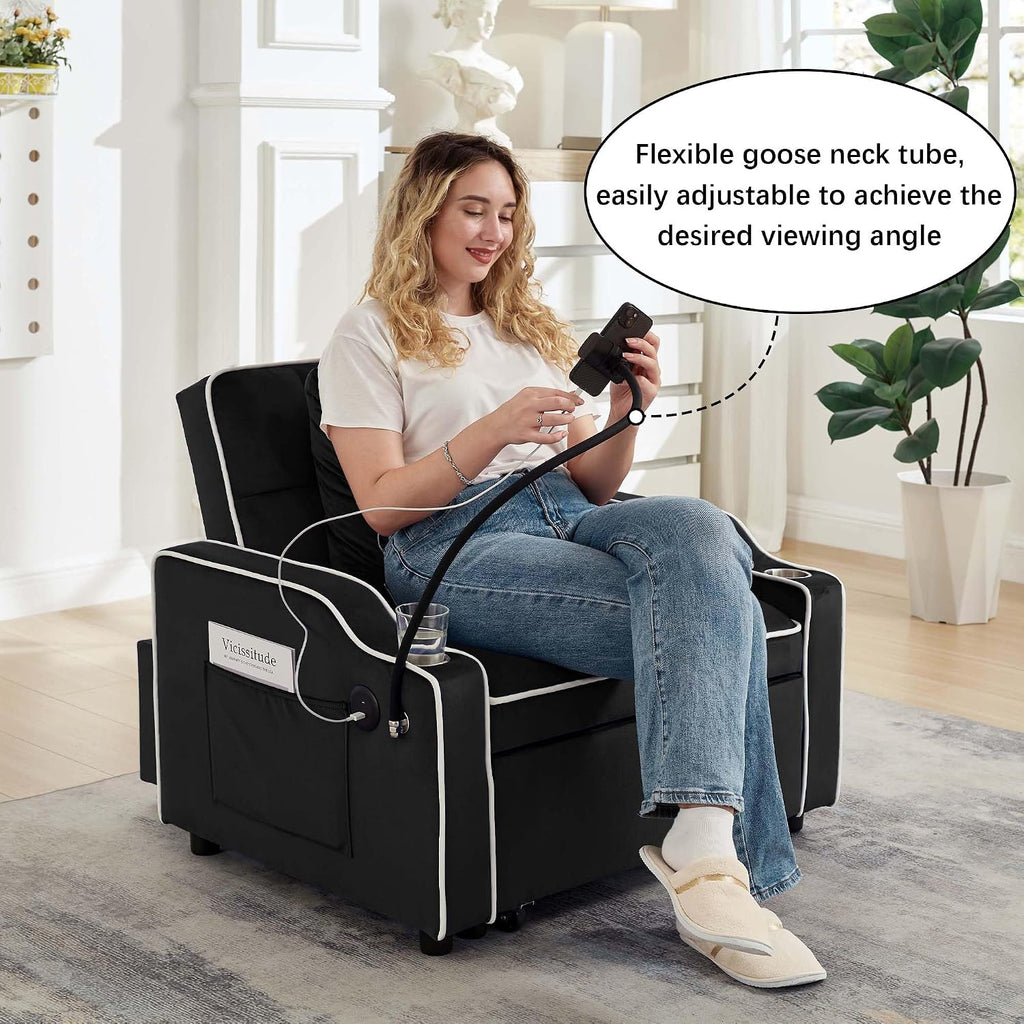 Convertible Armchair Sofa Bed with USB Port & Phone Holder, Pull-Out Single Chair Bed Sleeper for Small Spaces, Modern Upholstered Recliner Chair (Black)
