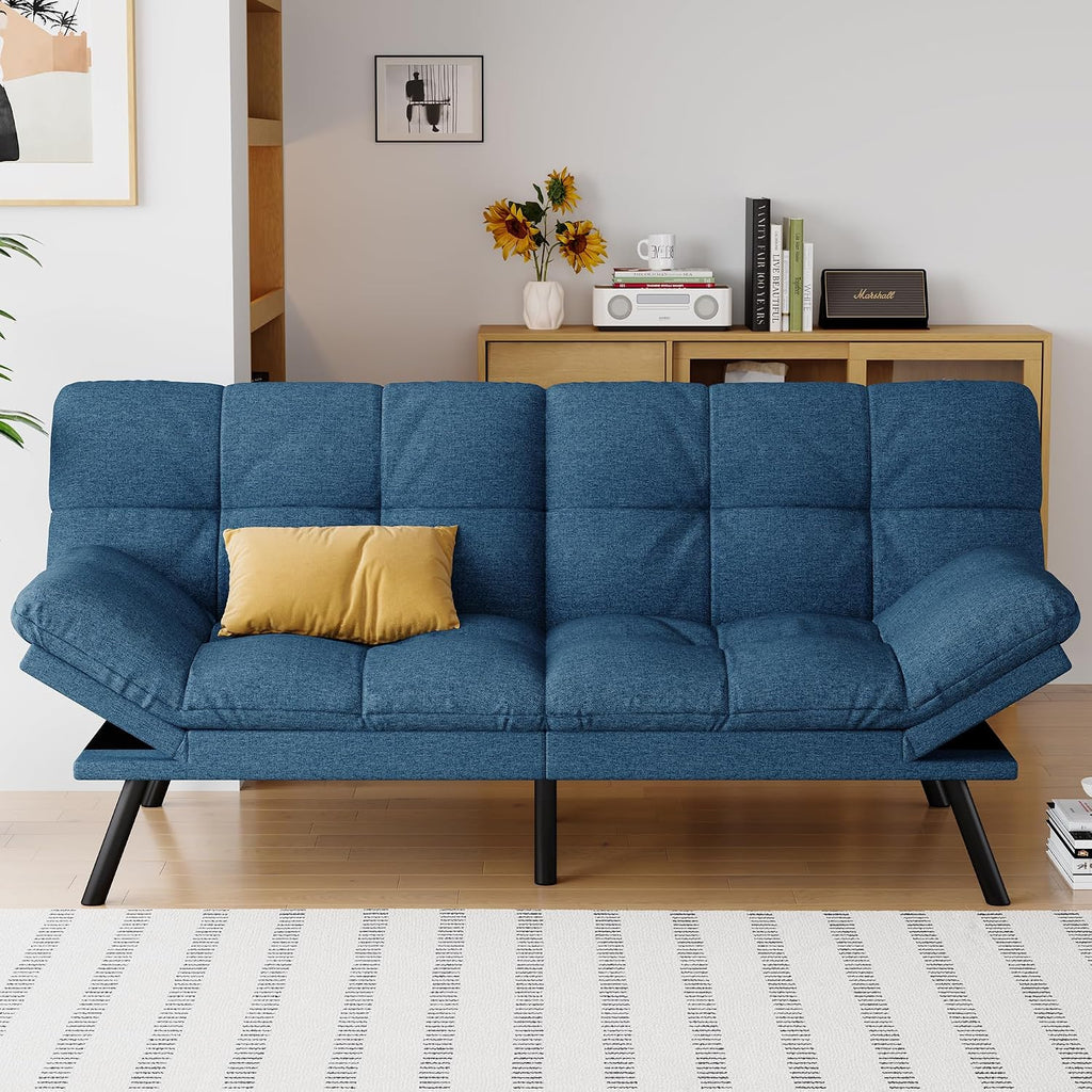 Futon Sofa Bed Convertible Couch, Blue Linen Sofa Bed with Memory Foam, Adjustable Backrest & Armrests, Multifunctional Small Loveseat Sleeper Sofa for Living Room, Apartment, Office