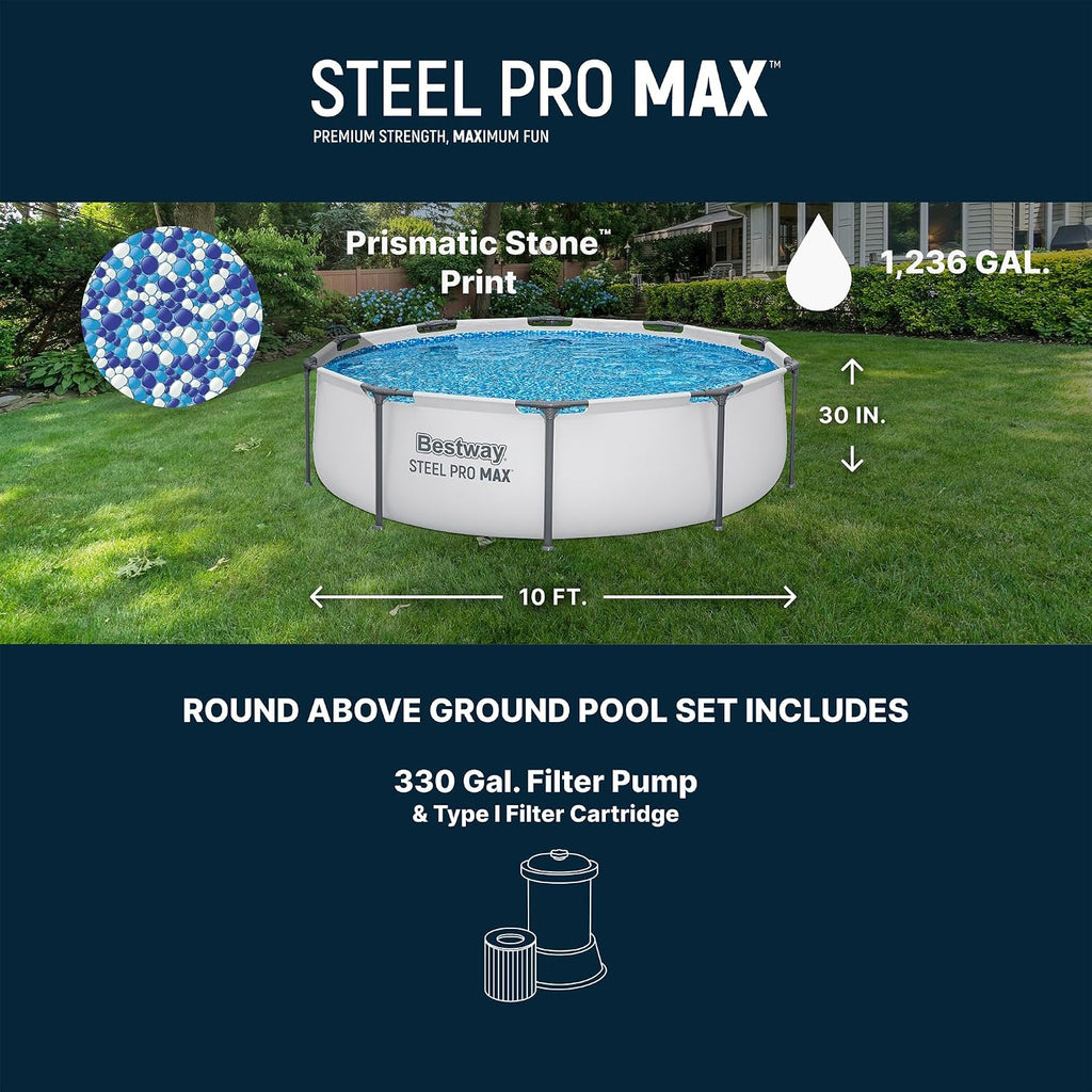 Bestway Steel Pro MAX 10' x 30' Above Ground Pool, Round Metal Frame Outdoor Swimming Pool Set with Filter Pump & Type I Cartridge, Gray