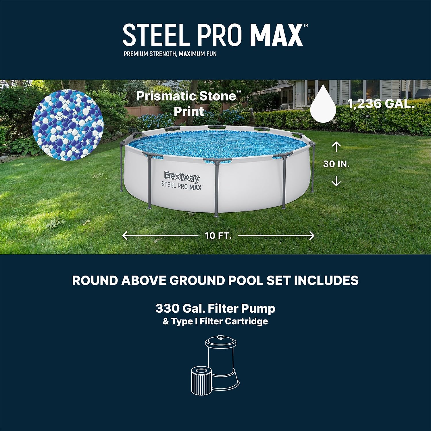 Bestway Steel Pro MAX 10' x 30' Above Ground Pool, Round Metal Frame Outdoor Swimming Pool Set with Filter Pump & Type I Cartridge, Gray