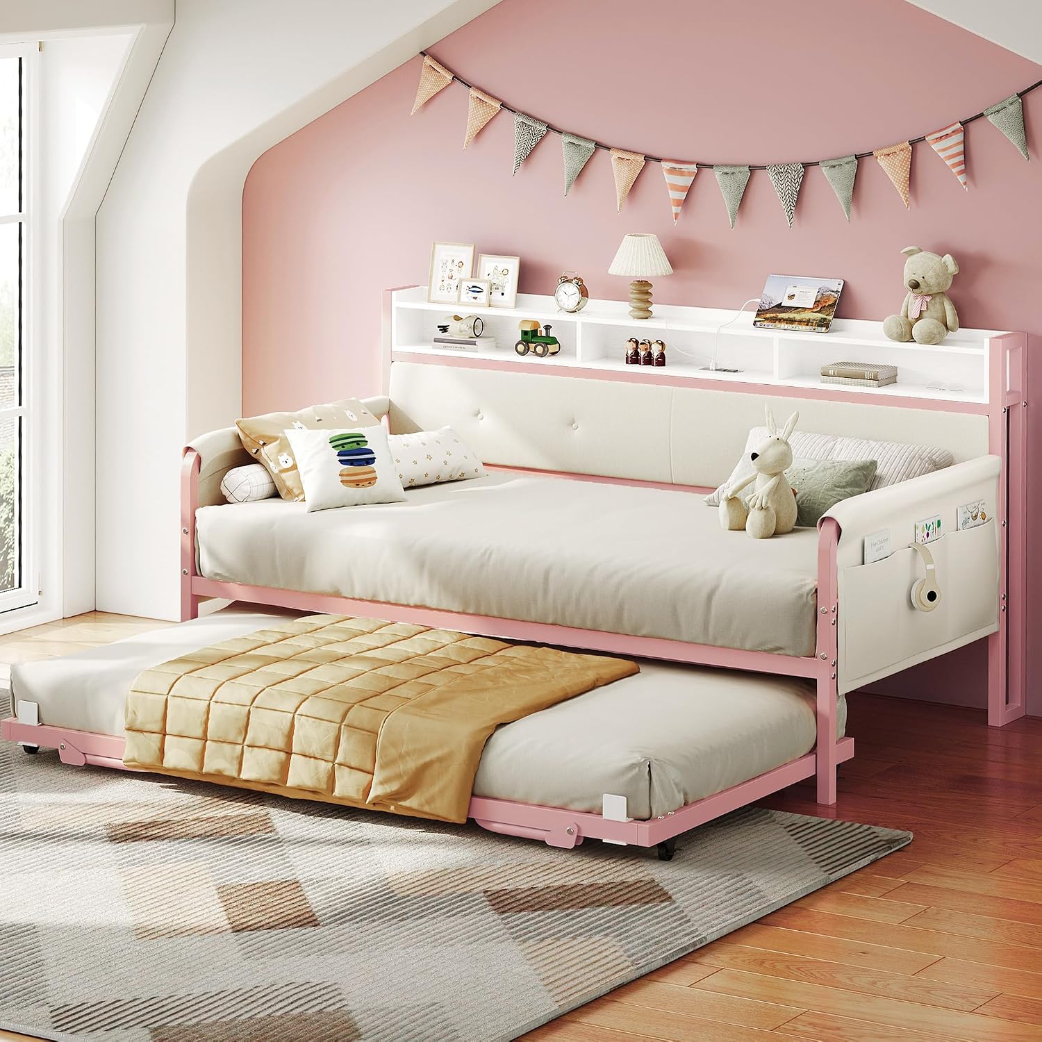 LIKIMIO Daybed with Trundle, Twin Bed Frame with Upholstered Headboard and Charging Station, Sofa Day Bed with Strong Supports for Living Room, Bedroom and Guest Room, Pink