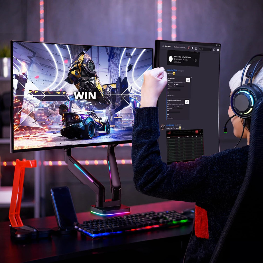 AVLT RGB Lights Dual 17'-43' Gaming Monitor Arm Desk Mount, Fits Two Flat/Curved/Ultrawide Screen up to 44lbs(20kg), Height Swivel Tilt Adjustable Stand - Black