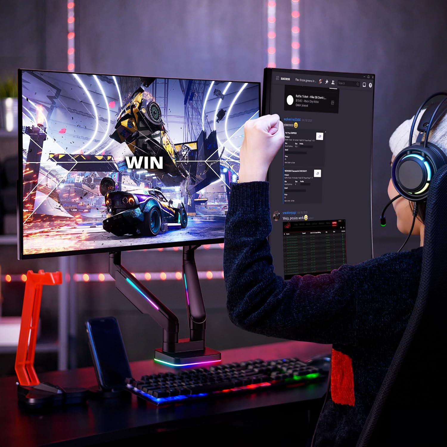 AVLT RGB Lights Dual 17'-43' Gaming Monitor Arm Desk Mount, Fits Two Flat/Curved/Ultrawide Screen up to 44lbs(20kg), Height Swivel Tilt Adjustable Stand - Black
