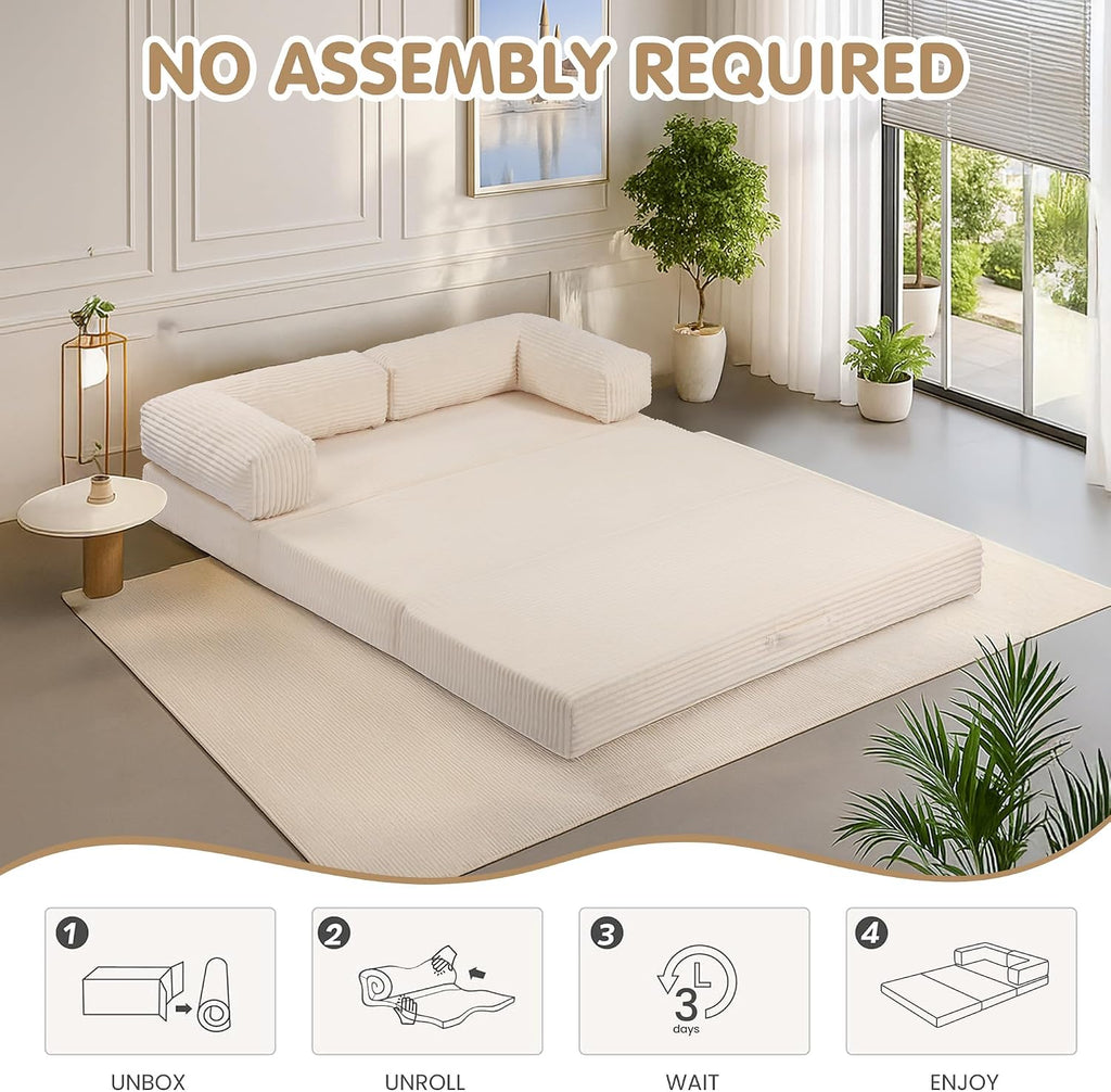5-in-1 Convertible Sofa Bed Queen,Tri-Fold Mattress with Removable L-Shaped Armrests,Corduroy Boneless Couch Floor Sofa Futon Couch Sleeper with Pull Out Bed for Living Room Bedroom Apartment
