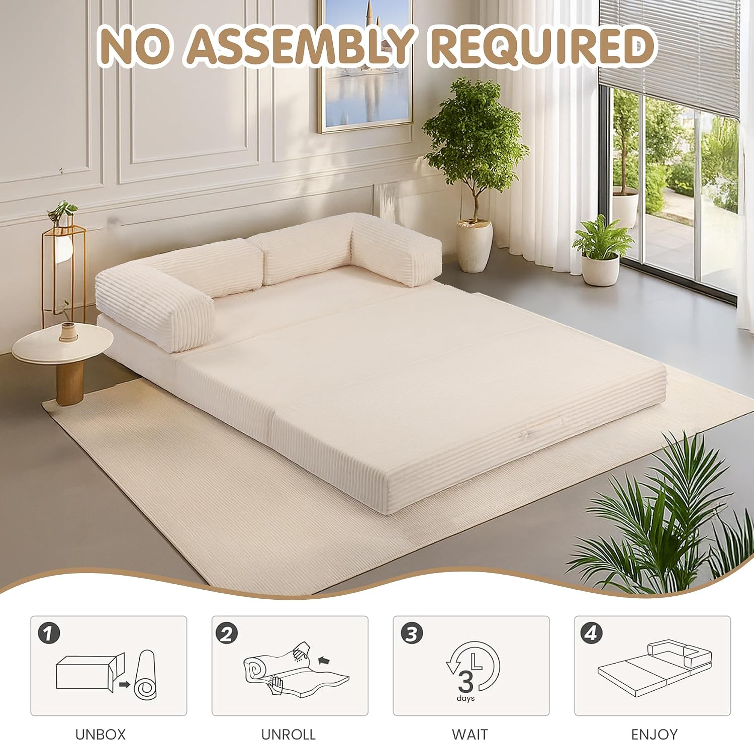 5-in-1 Convertible Sofa Bed Queen,Tri-Fold Mattress with Removable L-Shaped Armrests,Corduroy Boneless Couch Floor Sofa Futon Couch Sleeper with Pull Out Bed for Living Room Bedroom Apartment