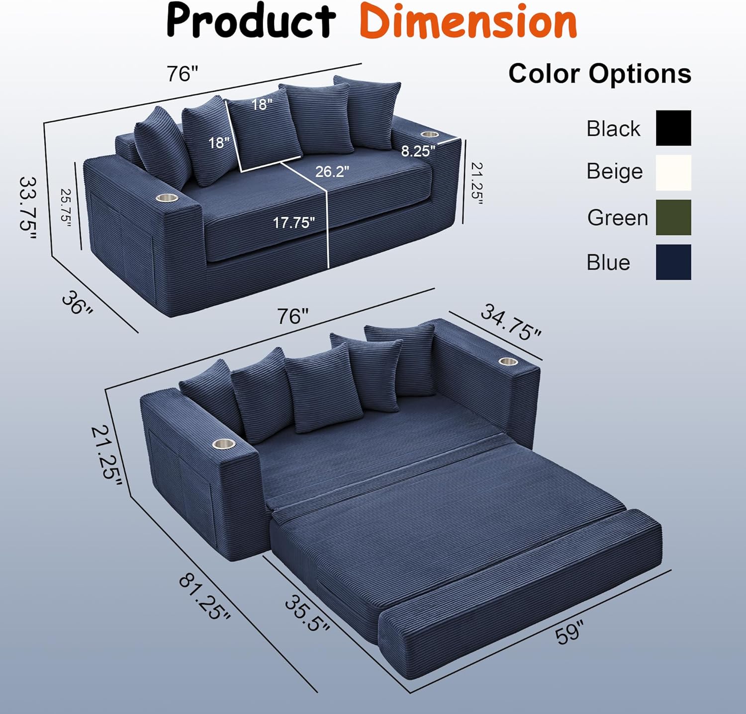 76' Convertible Sofa Bed, 2-in-1 Boneless Sleeper Sofa with Cup Holder & Pocket, Corduroy Pull Out Couch with 5 Pillows, Couch Bed for Living Room, Small Spaces, Bedroom, No Assembly