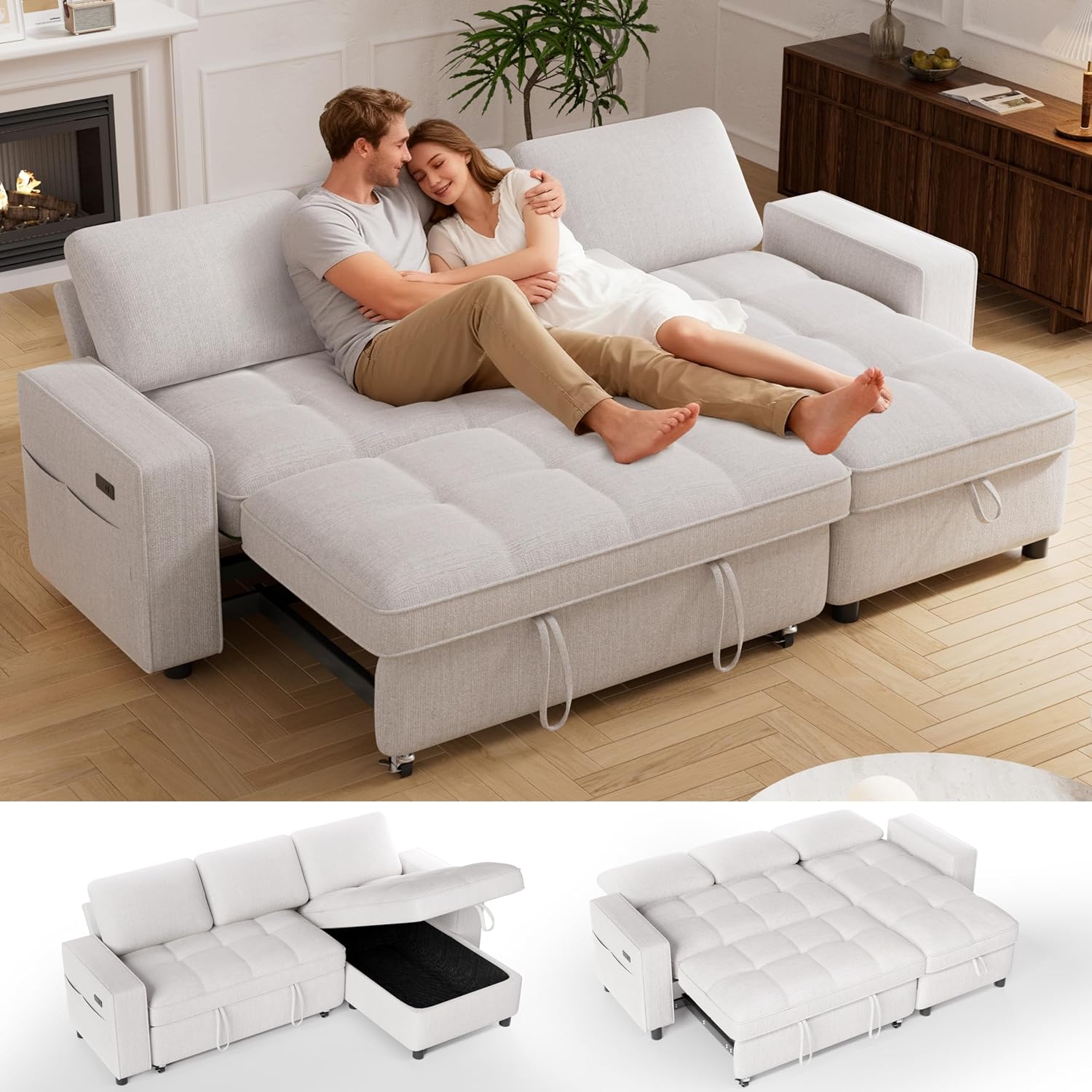 Vipbear 81' Sectional Sleeper Sofa with Pull Out Bed, L Shaped Sleeper Sofa, Pull Out Couch with Reclining Backrest, Reversible Storage Chaise, USB Ports, Tool-Free Assembly, Chenille Beige