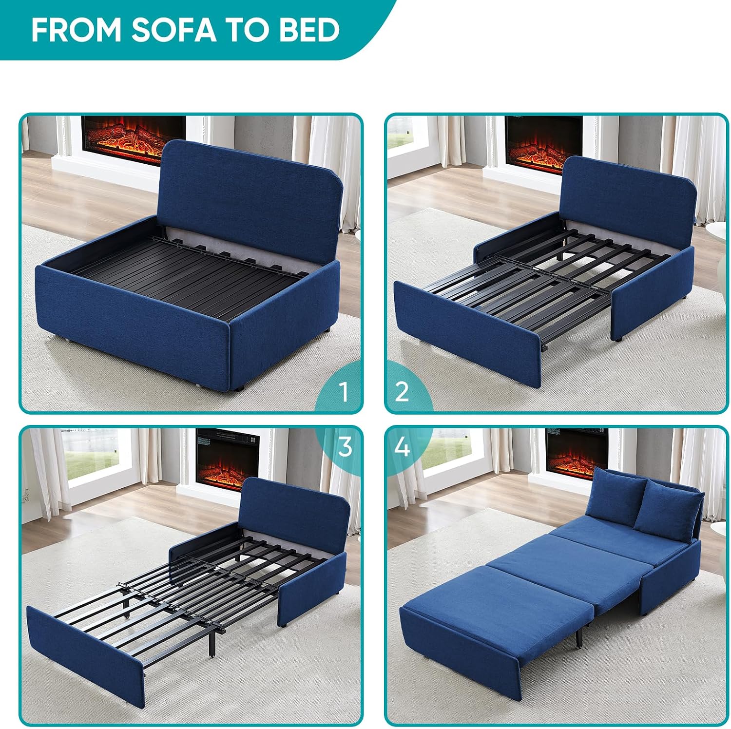 BALUS 43' Width Twin Pull Out Sofa Bed Sleeper Couch with Pullout Beds, 2 in 1 Convertible Linen Sleepers Sofa Single Chair with Pillows and 3.9' Foldable Mattress for Small Space Apartment Loft, Blue