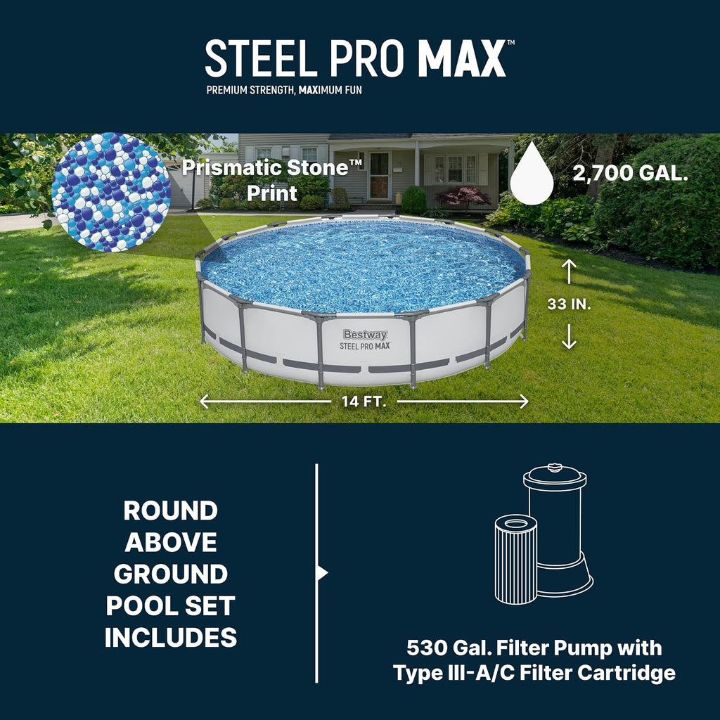 Bestway Steel Pro MAX 14' x 33' Round Above Ground Swimming Pool Set, 530 GPH Filter Pump, Tritech Puncture Resistant Liner, ClickConnect Steel Frame, Gray