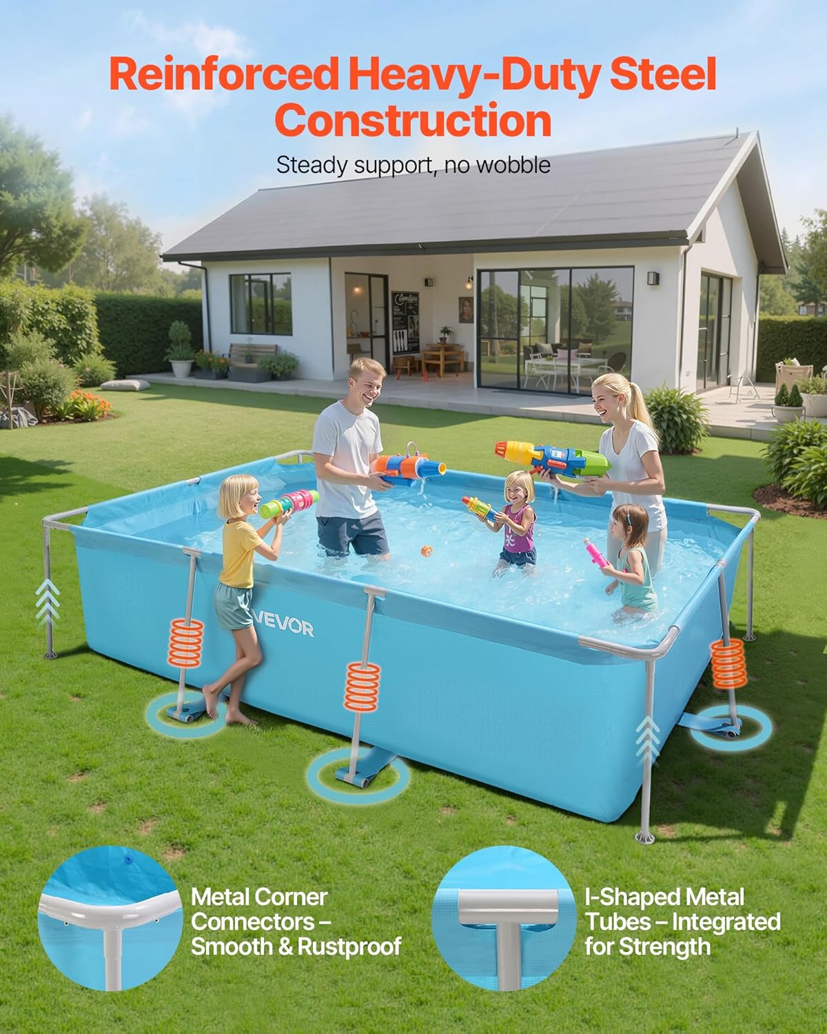 VEVOR Frame Above Ground Swimming Pool, 118 x 78 x 30 in Rectangular Steel Metal Frame, Large Rectangle Outdoor Backyard Family Pool, Easy to Assemble Rust-Resistant, 1046 Gallon Water Capacity, Blue