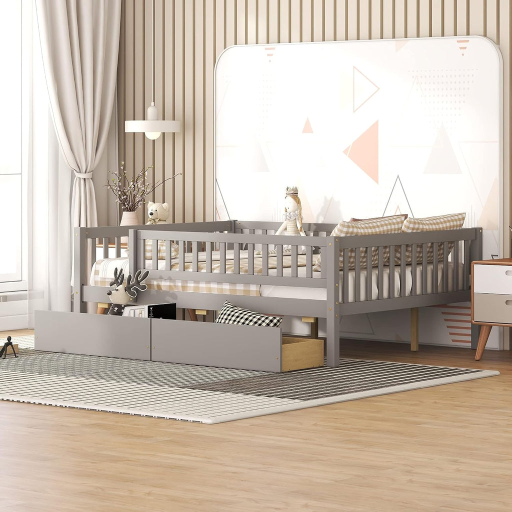 Montessori Bed Frame with Fence Railings and 2 Drawers for Kids,Full Size Wood Low Platform Bed Frame with Full-Length Safety Guardrails for Boys Girls,No Box Spring Needed,Grey