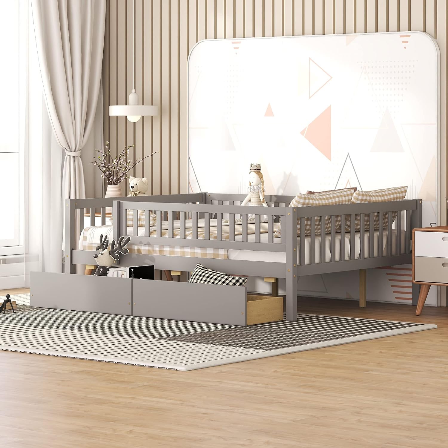 Montessori Bed Frame with Fence Railings and 2 Drawers for Kids,Full Size Wood Low Platform Bed Frame with Full-Length Safety Guardrails for Boys Girls,No Box Spring Needed,Grey