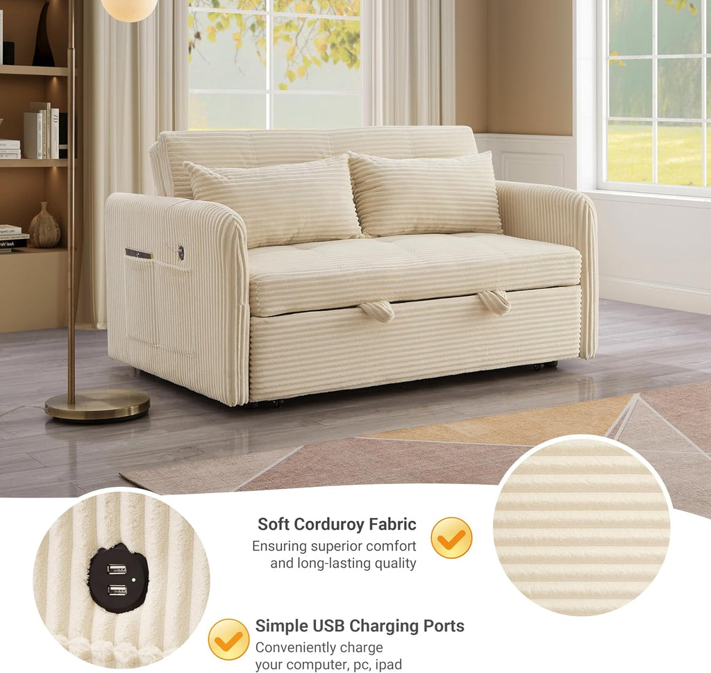 55.5' Corduroy Convertible Sofa Bed, Pull Out Sleeper Sofa Bed, Loveseat Couch with USB Charging Ports, 3 in 1 Convertible Sleeper Sofa Bed for Living Room, Apartment, Bedroom, RV, Beige