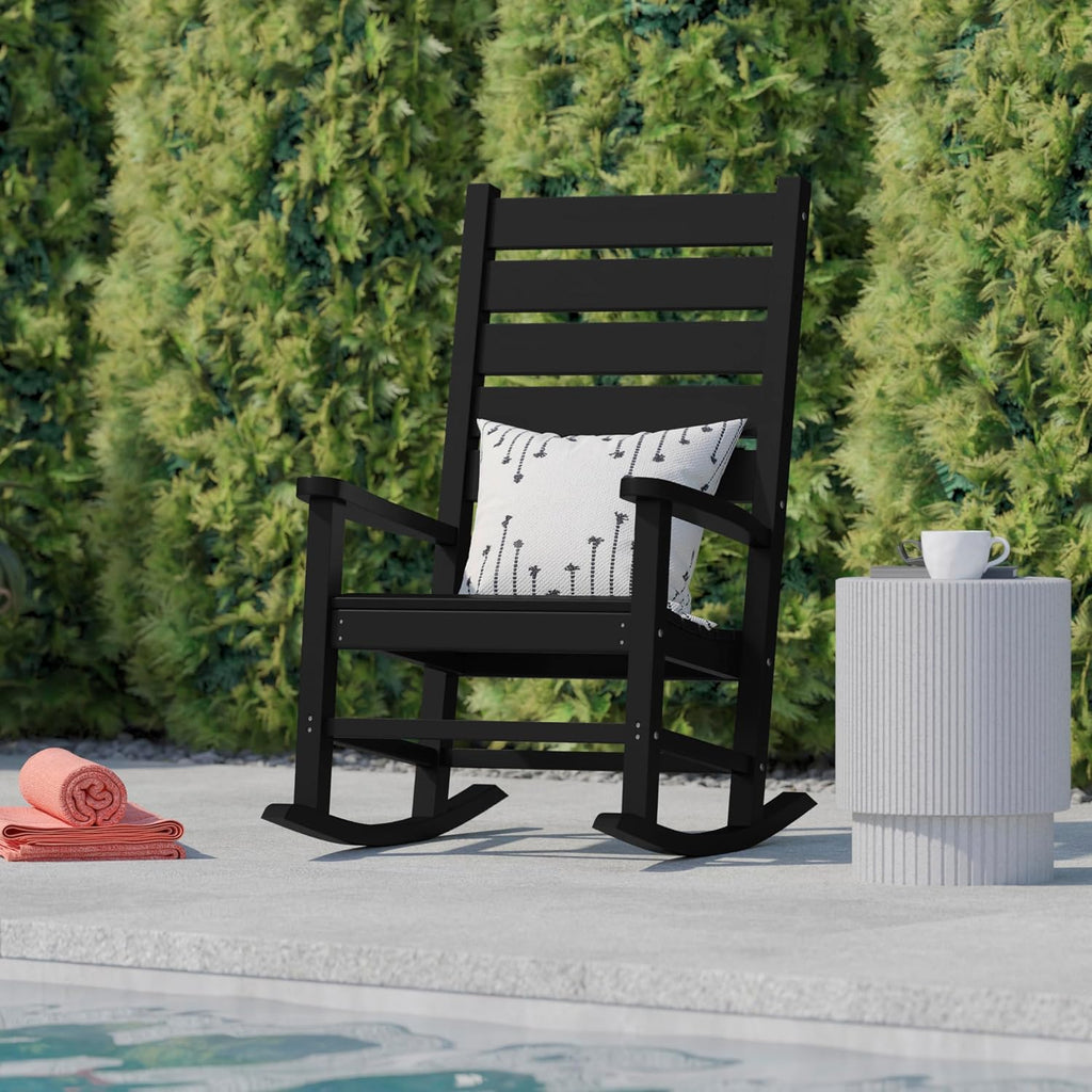 Flash Furniture Manchester Commercial Grade Outdoor Rocking Chair, All-Weather HDPE Indoor/Outdoor Rocker, Black