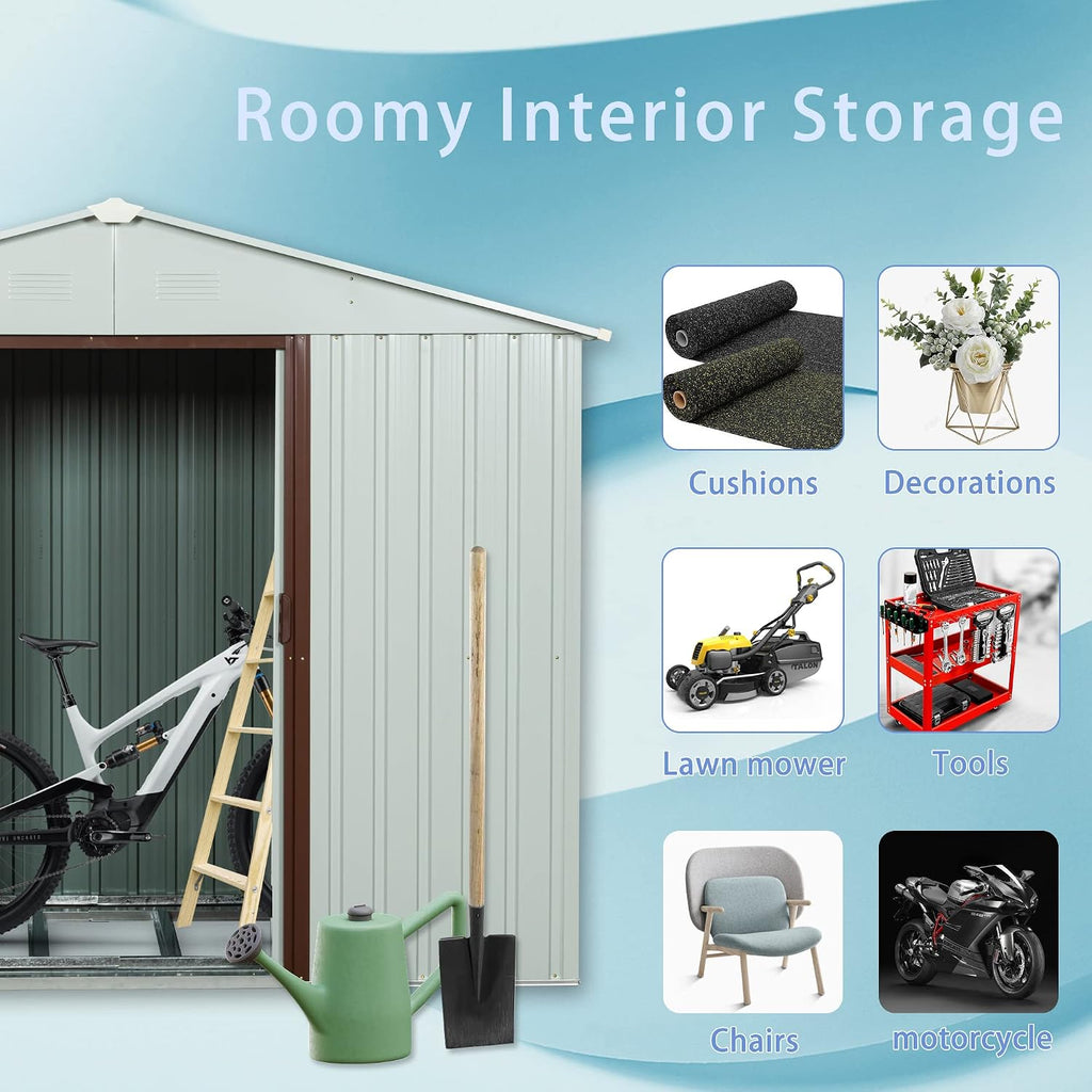 6 x 4 Ft Outdoor Storage Shed, Sturdy Metal Garden Shed with Base Foundation, Waterproof Patio Tools Shed Storage House with Sliding Doors for Backyard Lawn, White