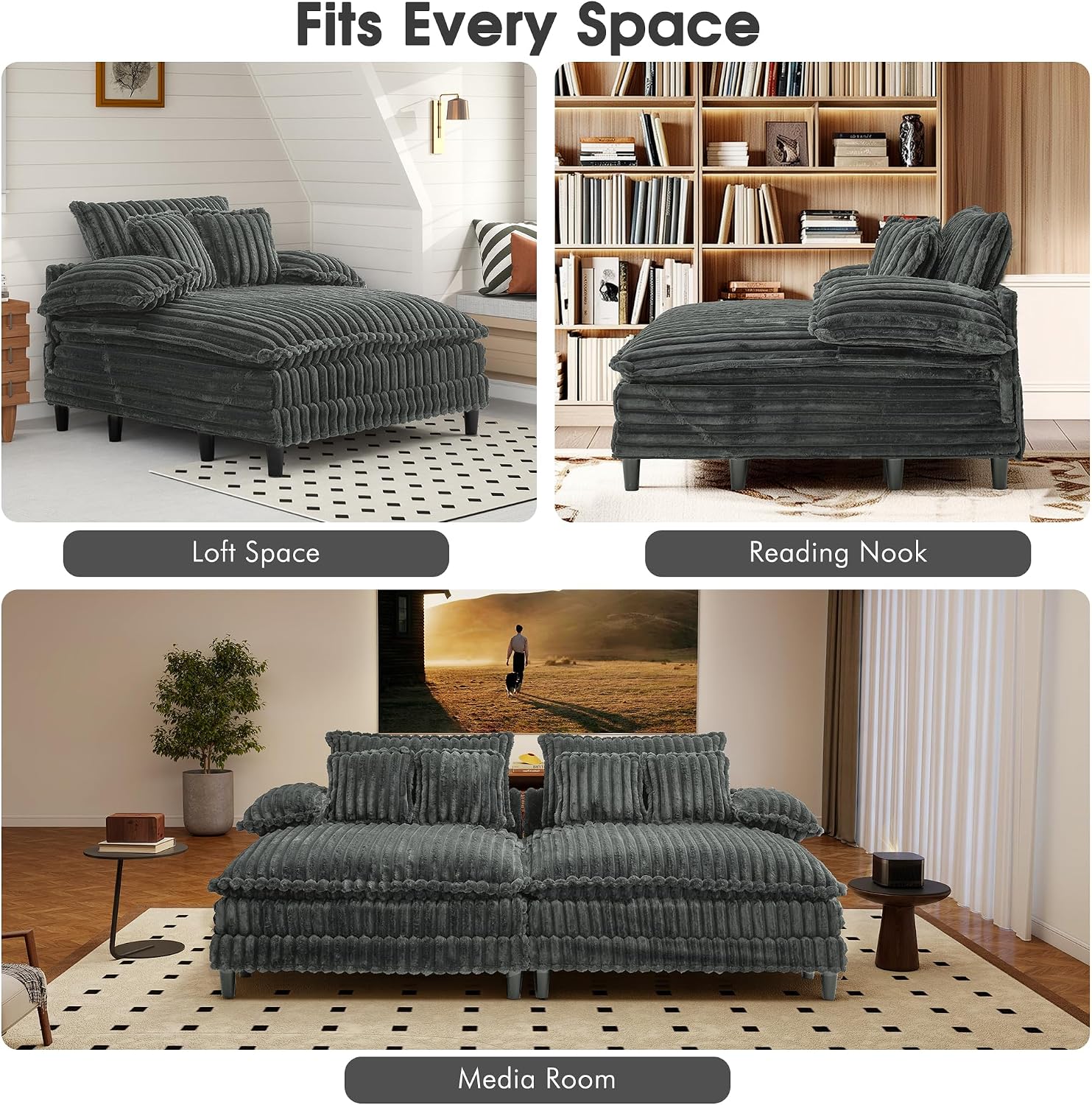 WESTSETLUX 54.8' W Oversized Chaise Lounge Chair Indoor with 5-Position Adjustable Backrest, Plush Sleeper Sofa Bed with Pillows, Upholstered Cloud Couch Chair for Living Room, Study Room, Dark Grey