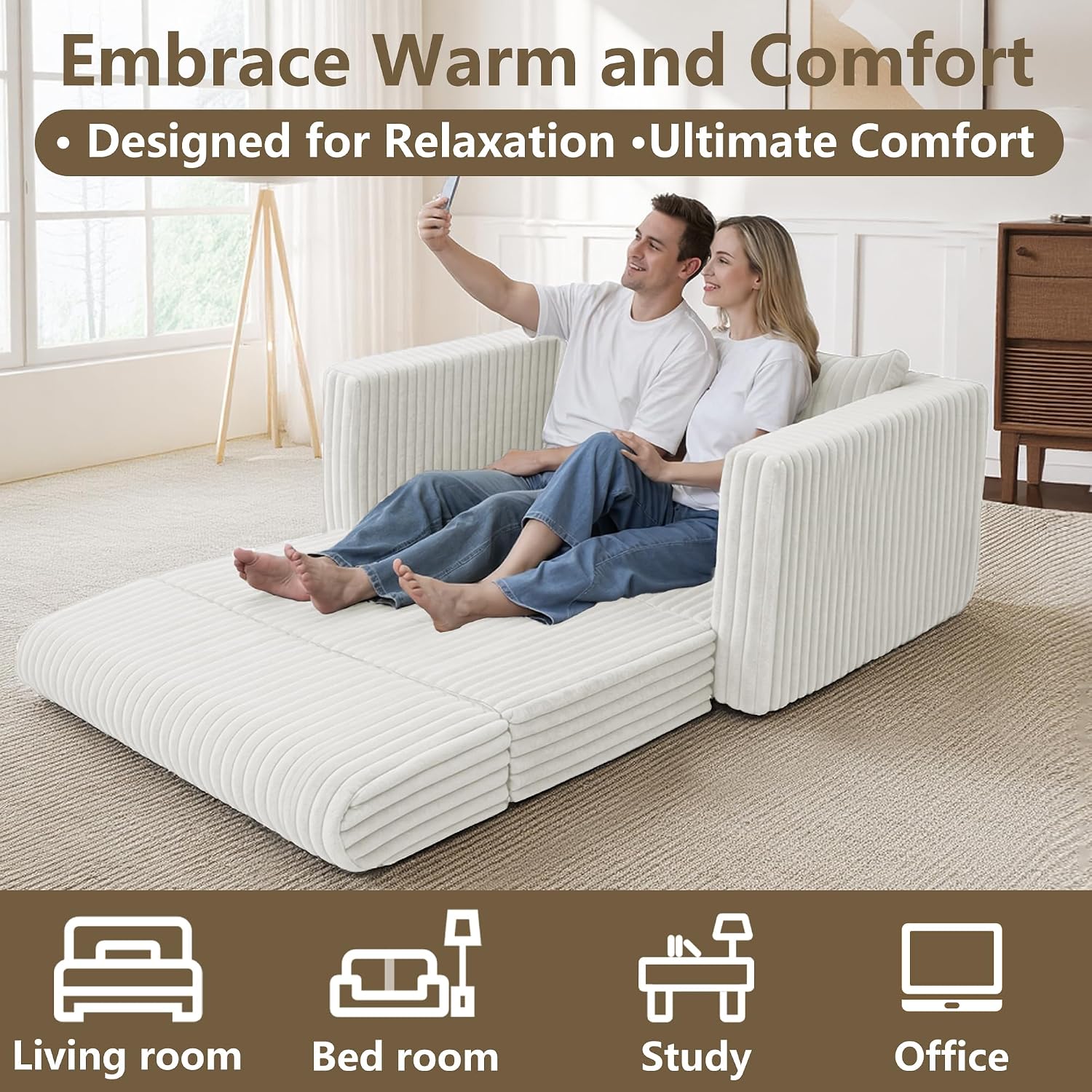 HABUTWAY Folding Sofa Bed, 2 in 1 Convertible Sleeper Chair with Pillow, Portable Fold Out Chair Bed with Armrest, Comfy Floor Couch, Lazy Sofa for Living Room Bedroom Dorm Home Office, Beige