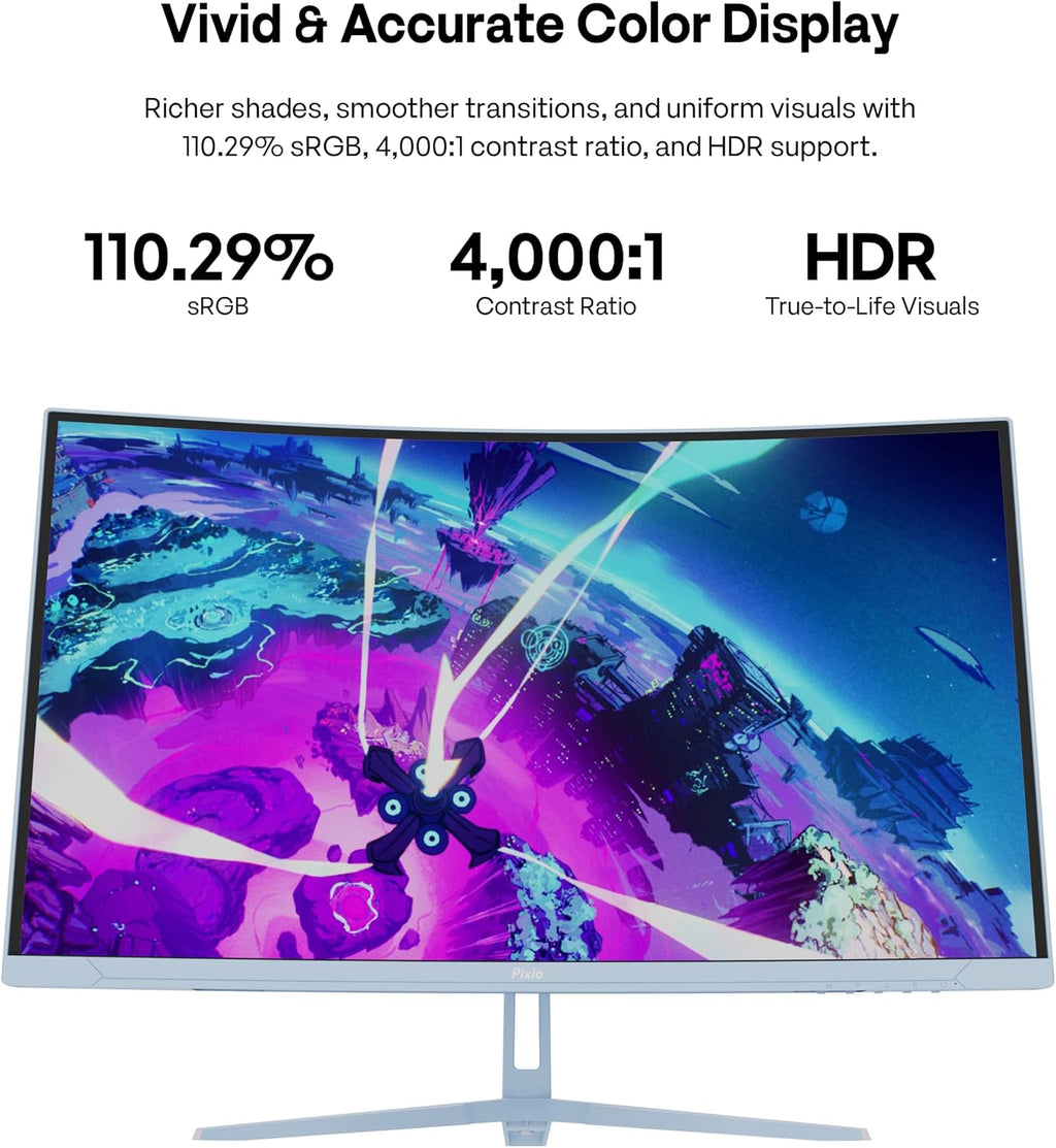 Pixio PXC279WAVE Blue 27 inch 300Hz Refresh Rate FHD 1080p Resolution 1650R Curve Fast VA Panel 1ms GTG Response Time HDR Curved Gaming Monitor and PS1S Wave Blue Single Monitor Arm