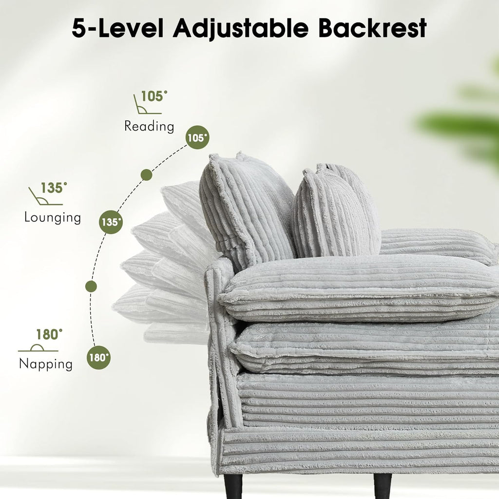 WESTSETLUX 54.8' W Oversized Chaise Lounge Chair Indoor with 5-Position Adjustable Backrest, Corduroy Sleeper Sofa Bed with 3 Pillows, Modern Cloud Couch Chair for Living Room, Bedroom, Grey