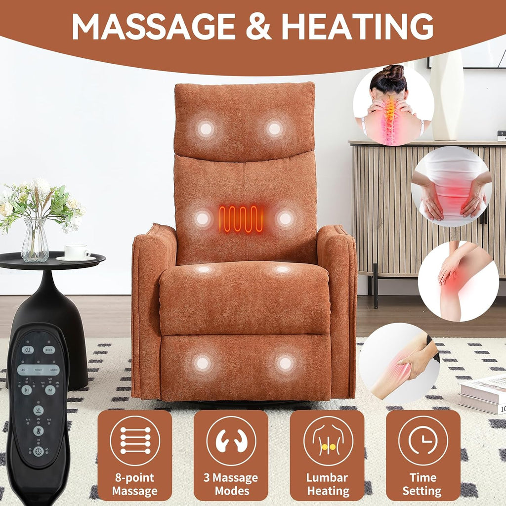 Massage Chair Recliner with Heat, 360° Swivel Glider Rocker with Reclining Backrest and Footrest, Manual Lazy Boy Recliners for Adults, Modern Nursery Rocking Chairs (Orange)