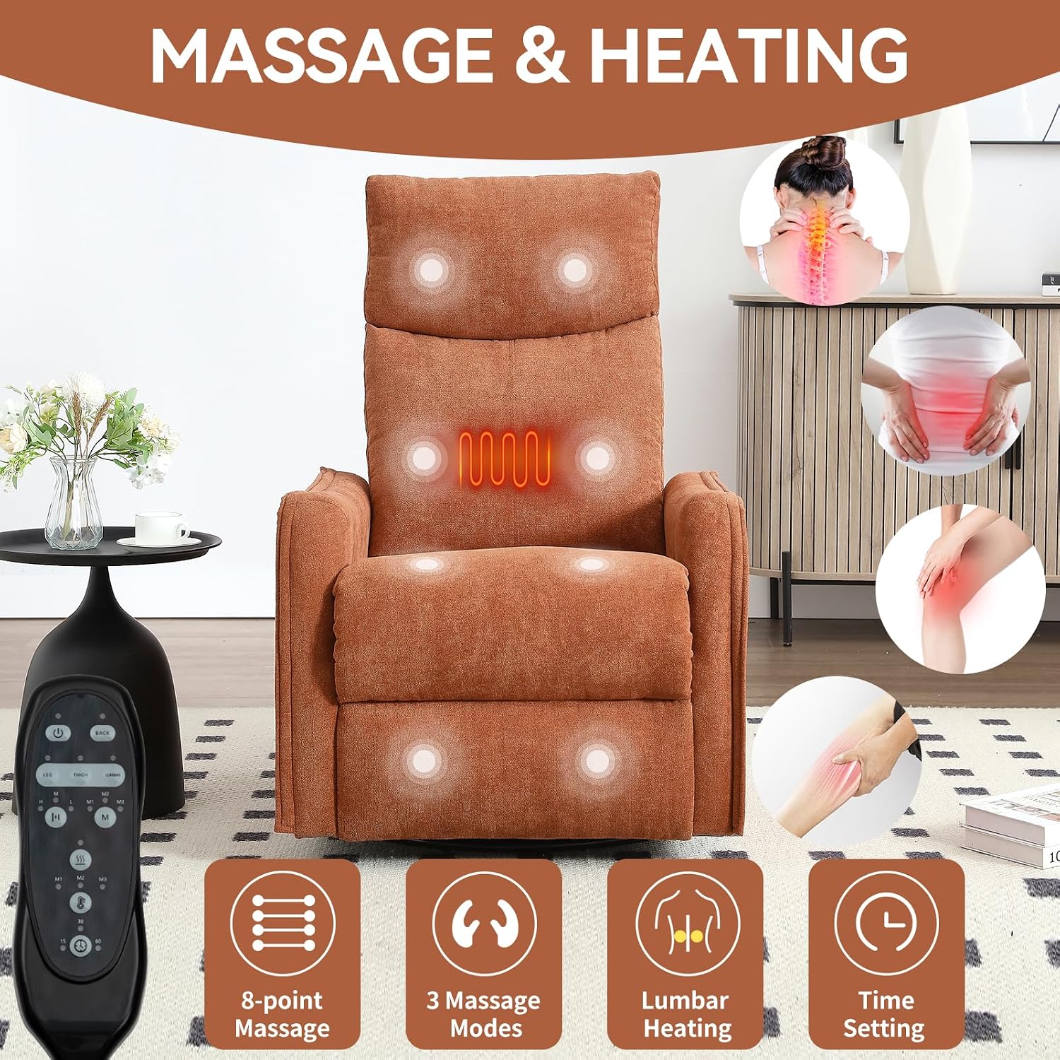 Massage Chair Recliner with Heat, 360° Swivel Glider Rocker with Reclining Backrest and Footrest, Manual Lazy Boy Recliners for Adults, Modern Nursery Rocking Chairs (Orange)