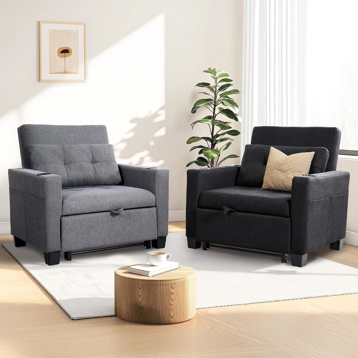FLEXISPOT XCT2 Sleeper Chair Bed with USB Ports & Cup Holders, 3-in-1 Convertible Sofa Bed for Living Room, Pull-Out Sofa Chair with Pillows, Adjustable Backrest, Small Space Furniture (Black)