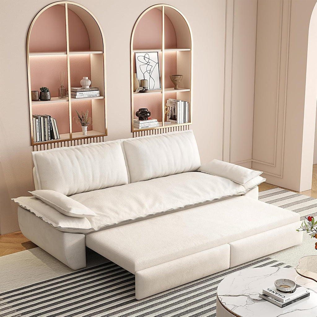 73.2' Queen Size Pull Out Sofa Bed, 3-in-1 Convertible Sleeper, Velvet Loveseat for Living Room, Apartment, Bedroom Small Spaces, Beige (Mattress & Bedding Not Included)