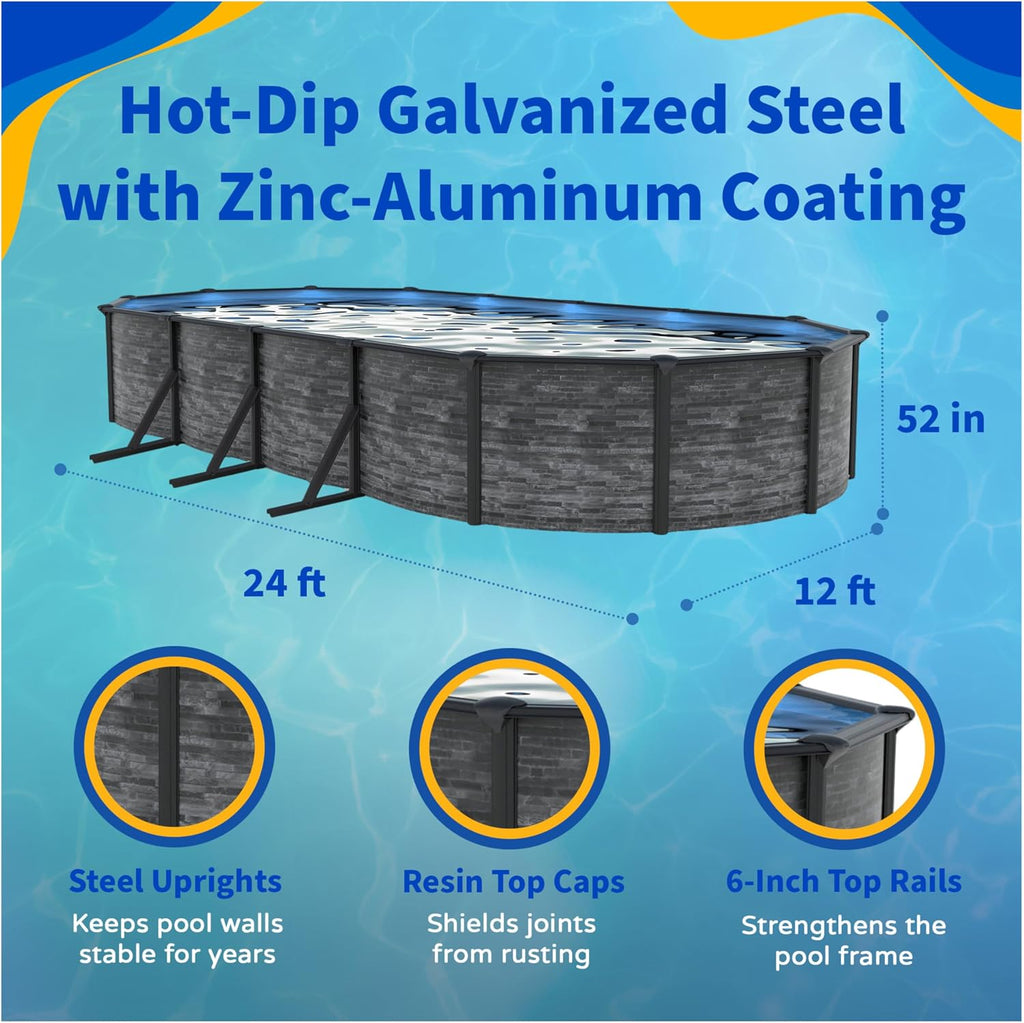 Blue Wave Marbella 12-ft x 24-ft Oval 52-in Deep Above Ground Swimming Pool – Steel Wall & Top Rails, Sand Filter, Skimmer, Liner, A-Frame Ladder & Maintenance Kit – Complete Outdoor Pool Accessories