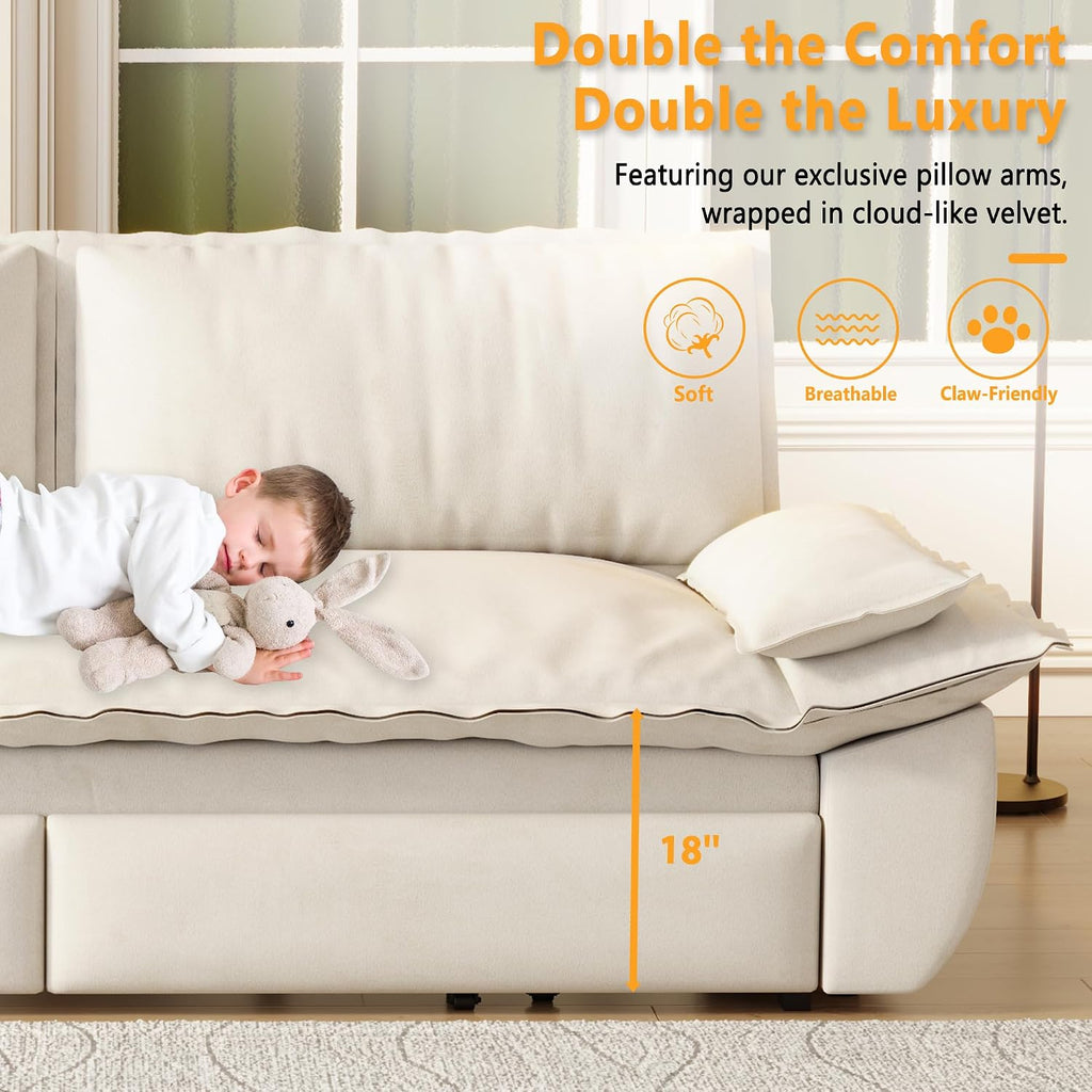 70.1' Sofa Bed Queen Size, Pull Out Couch Bed, 3-in-1 Convertible Sleeper Sofa with Cushion Armrest, Modern Velvet Futon Couch for Living Room, Small Space, Apartment, Bedroom, Beige