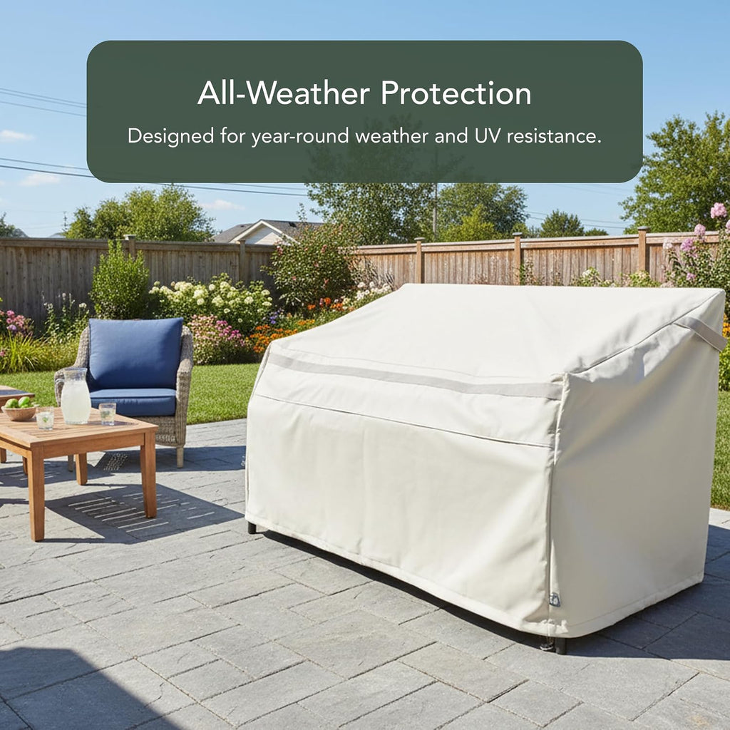 Covermates Prestige Outdoor Patio Sofa Cover – Water-Resistant 900D Polyester, Rot-Resistant Double-Stitched Seams, Auto-Locking Drawcord, Mesh Vents & Buckle Straps, 48W x 26D x 34H, Stone