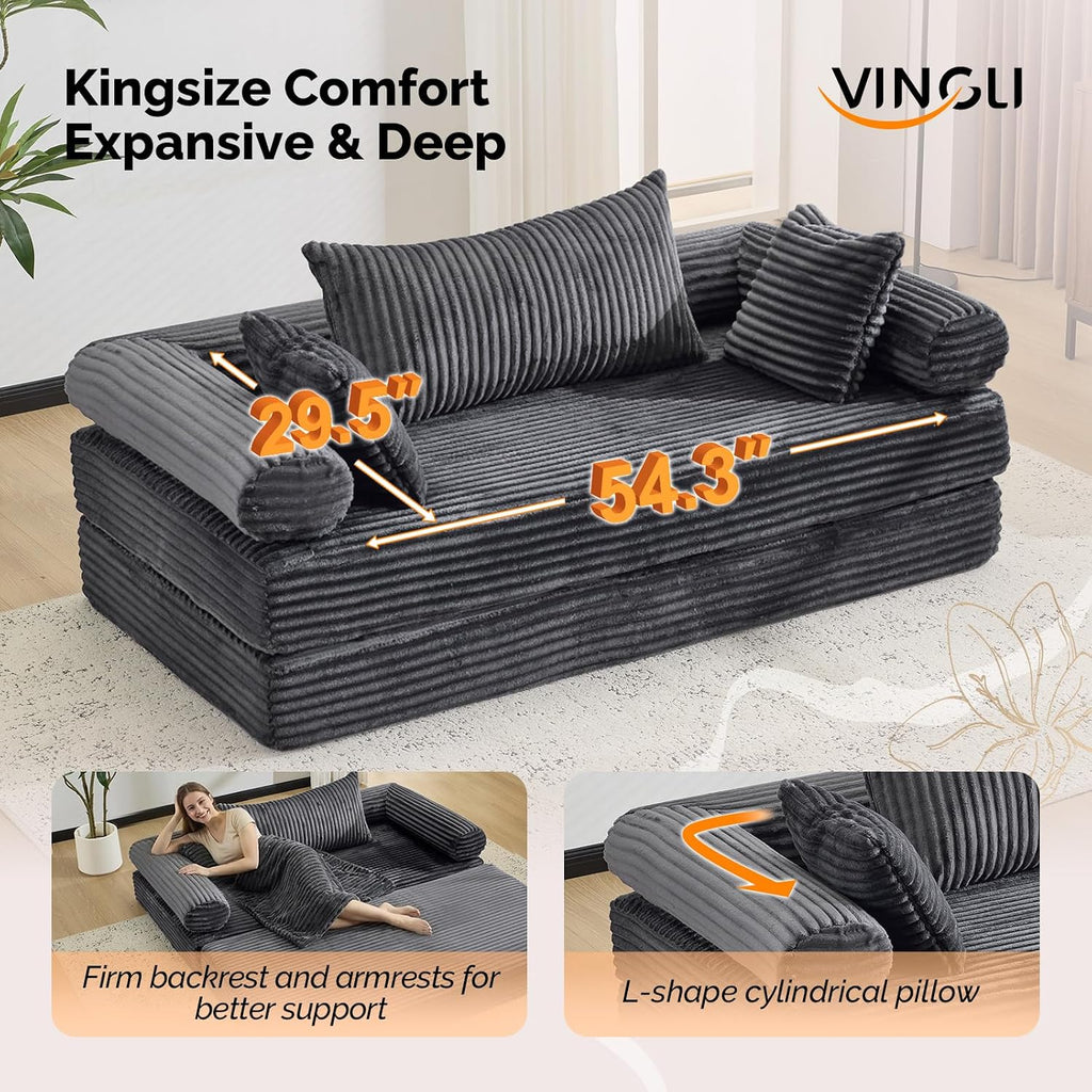 VINGLI Convertible Futon Sofa Bed, Upholstered Corduroy Boneless Couch King Size Floor Loveseat Sleeper Sofa with 2-in-1 Throw Pillow & Blanket Couches for Living Room, Bedroom, Lounge, Dark Gray