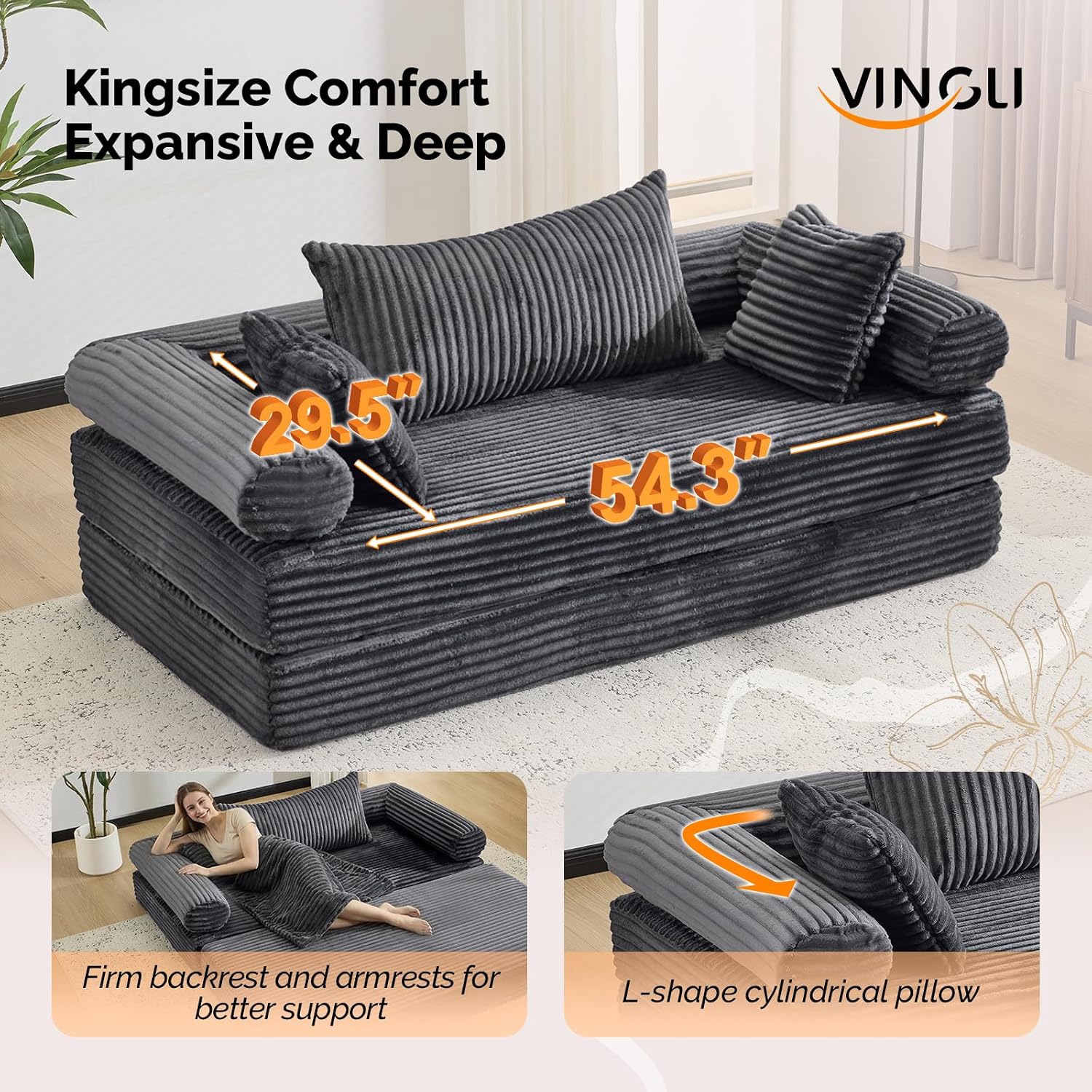 VINGLI Convertible Futon Sofa Bed, Upholstered Corduroy Boneless Couch King Size Floor Loveseat Sleeper Sofa with 2-in-1 Throw Pillow & Blanket Couches for Living Room, Bedroom, Lounge, Dark Gray