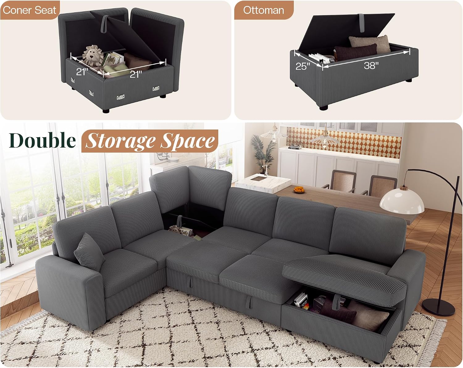 Jocisland 130' Sofa Bed, Sleeper Sofa, Pull Out Sleeper Couch with Storage, Convertible 6-Seater Sofa Bed for Living Room, Corduroy Grey