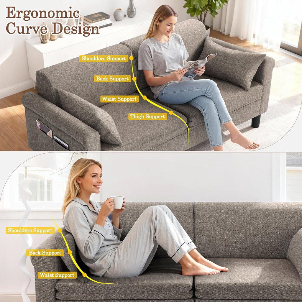 SEJOV 74' Convertible Sofa Bed, 5-in-1 Loveseat Sleeper Sofas with Pull Out Couch Bed, Storage Pockets & 2 Pillows, Modern Folding Linen Futon Couch for Living Room, Bedroom, Small Space, Brown