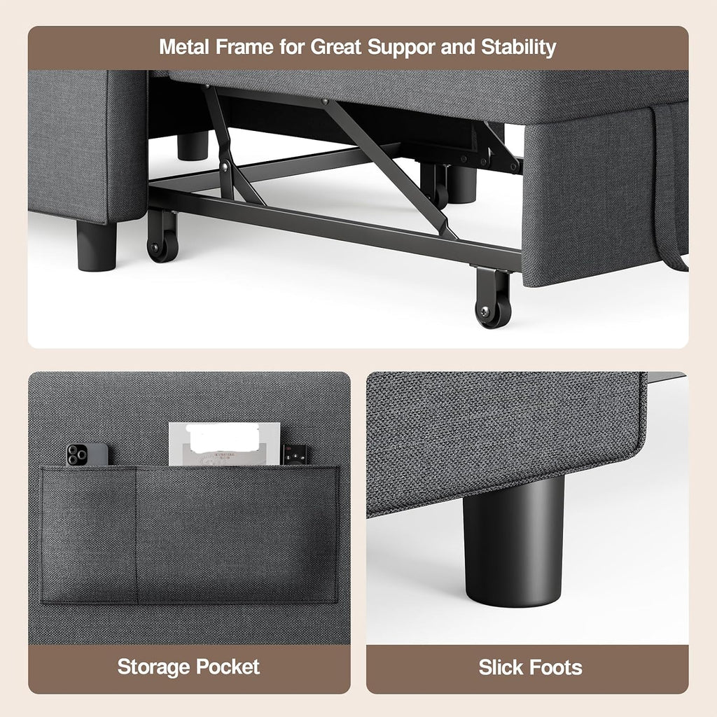 Ahomly Convertible Sofa Chair Bed, 3-in-1 Multi-Functional Sleeper Chair Bed, Adjustable Backrest Recliner with Modern Linen Fabric for Living Room Bedroom Apartment Small Space, Dark Grey