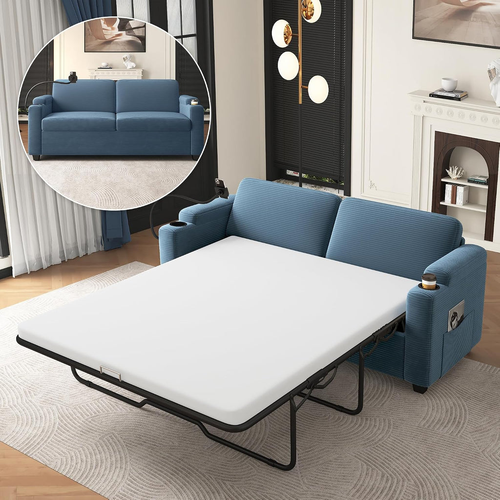 Merax Modern Corduroy Sleeper Sofa Bed with Full Size Mattress, Futon Couches with USB Ports | Phone & Cup Holders| Side Pockets,Pull Out Couch for Living Room, Small Loveseat, Navy Blue