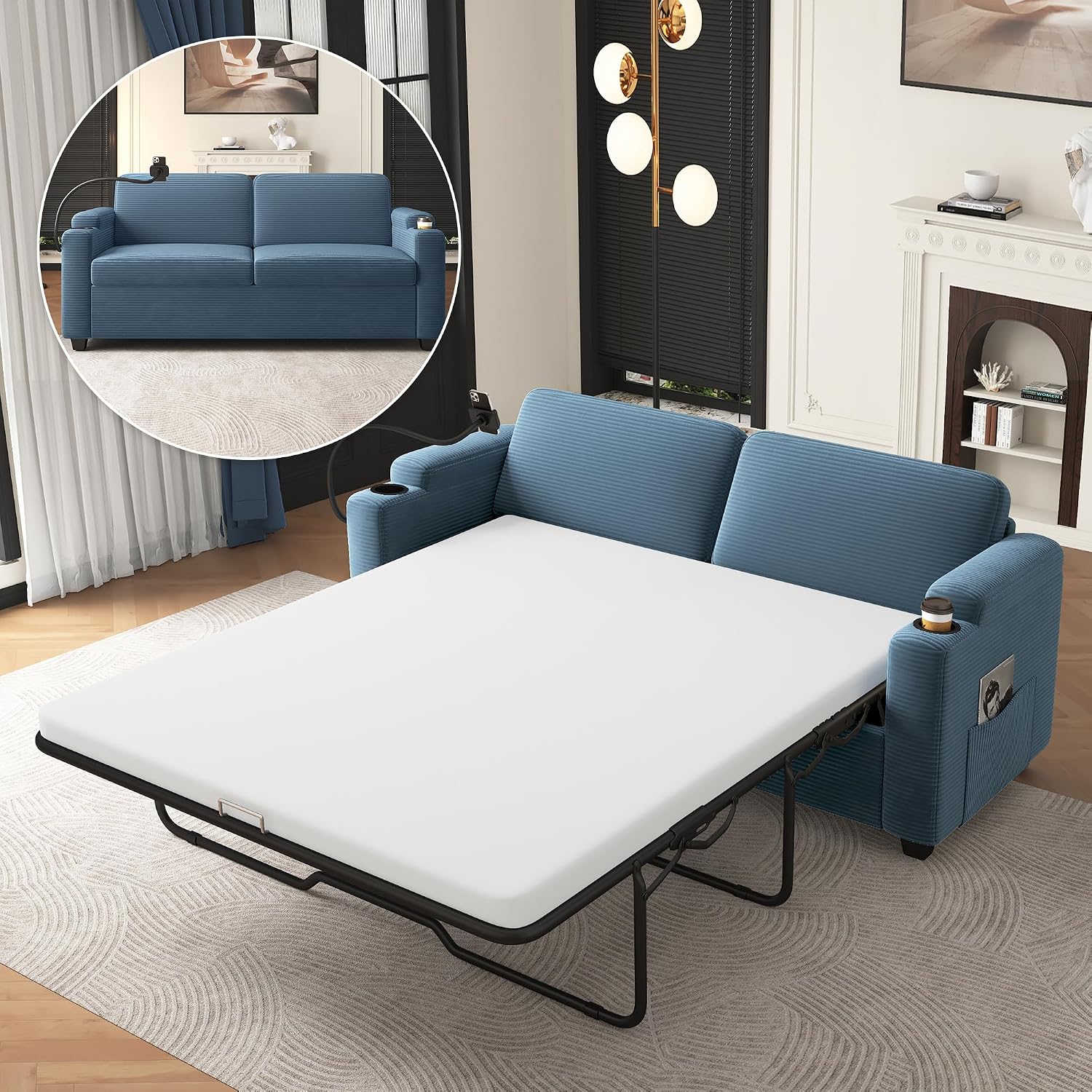 Merax Modern Corduroy Sleeper Sofa Bed with Full Size Mattress, Futon Couches with USB Ports | Phone & Cup Holders| Side Pockets,Pull Out Couch for Living Room, Small Loveseat, Navy Blue