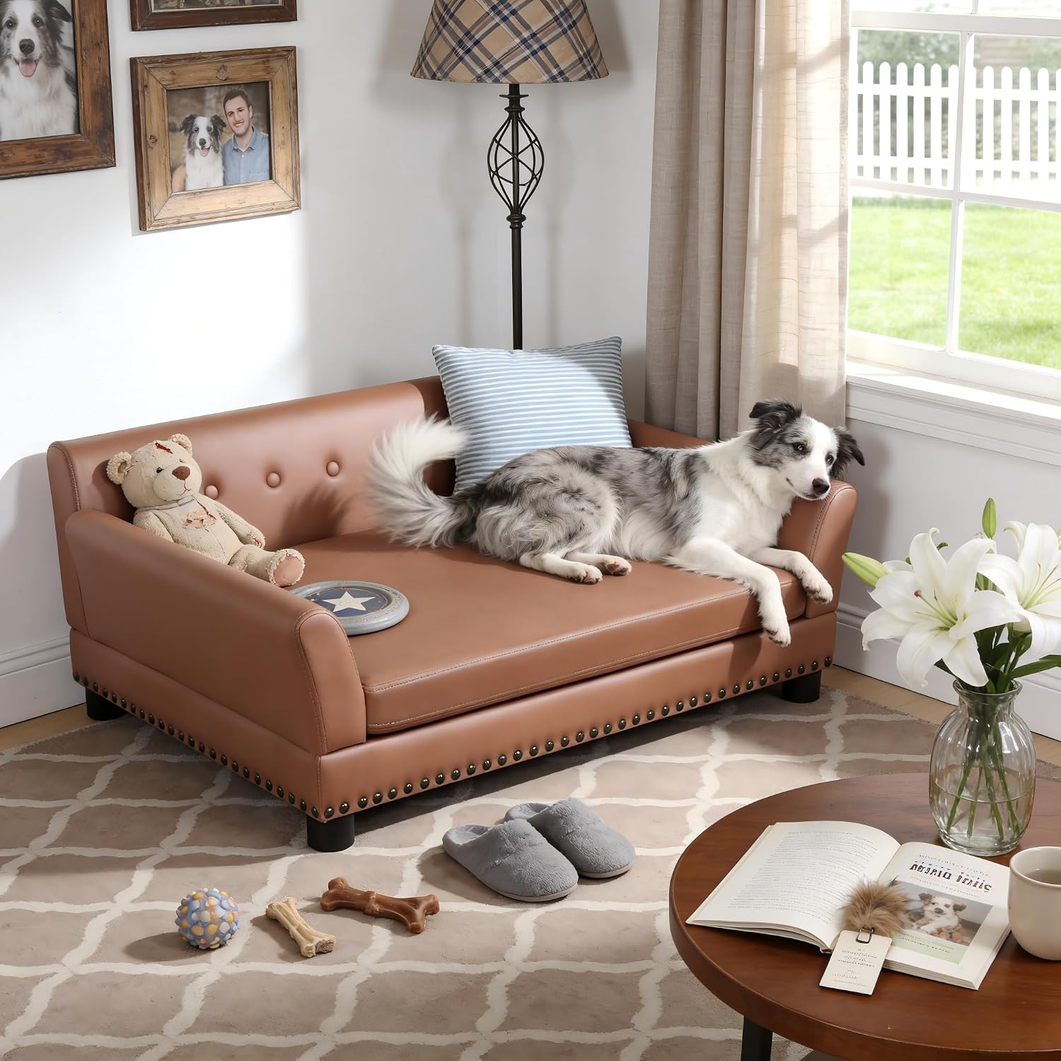 BingoPaw Large Leather Dog Sofa: Pet Couch Lounge Made by Scratching Resistant Microfiber Leather - Doggy Modern Chaise Daybed with Leatherier Cover for Pets Up to 80lbs