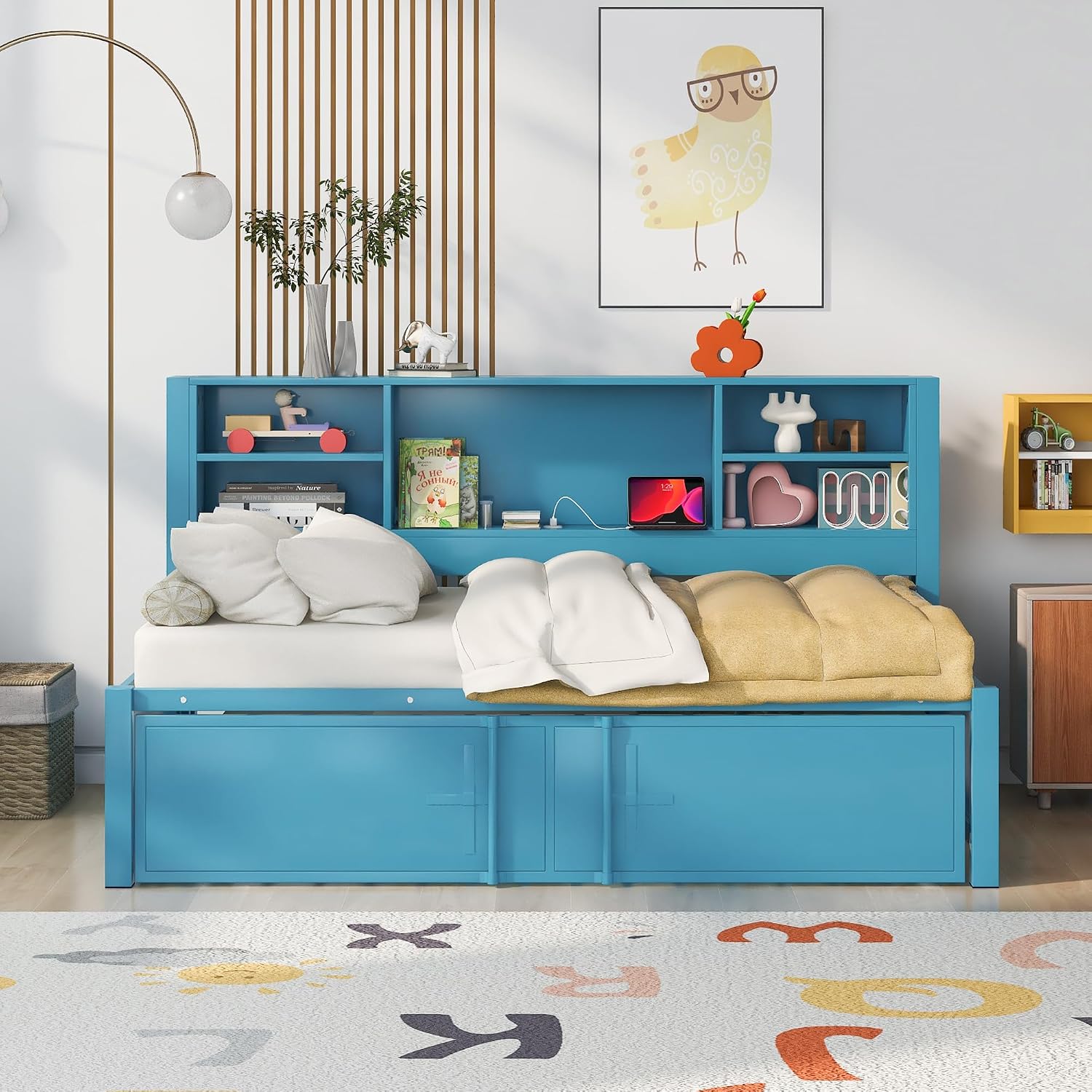 Harper & Bright Designs Twin Bed with Trundle and Storage Bookcase, USB Ports, Solid Wood Platform Bed Frame Twin Size Daybed Sofa Bed for Bedroom Living Room (Twin Size, Blue)