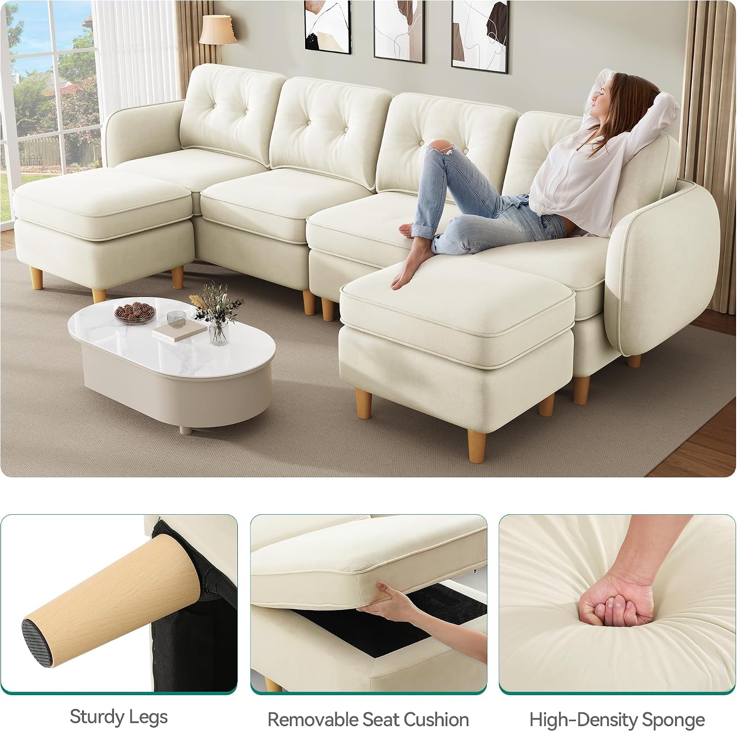 YITAHOME 108' Convertible U-Shaped Couch, 6-Seat Modular Sectional Sofa with Curved Armrests and 4 Pillows, High-Density Memory Foam for Living Room