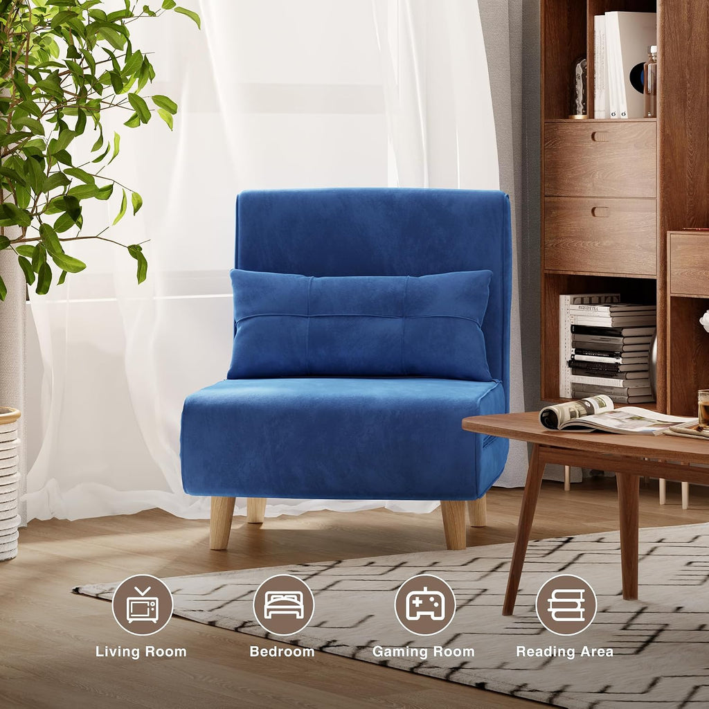 Aiho 3 in 1 Sleeper Chair, Convertible Futon Chair Bed, Velvet Sofa Bed with Adjustable Backrest, Living Room Chair for Apartment/Bedroom/Guest Room, Blue