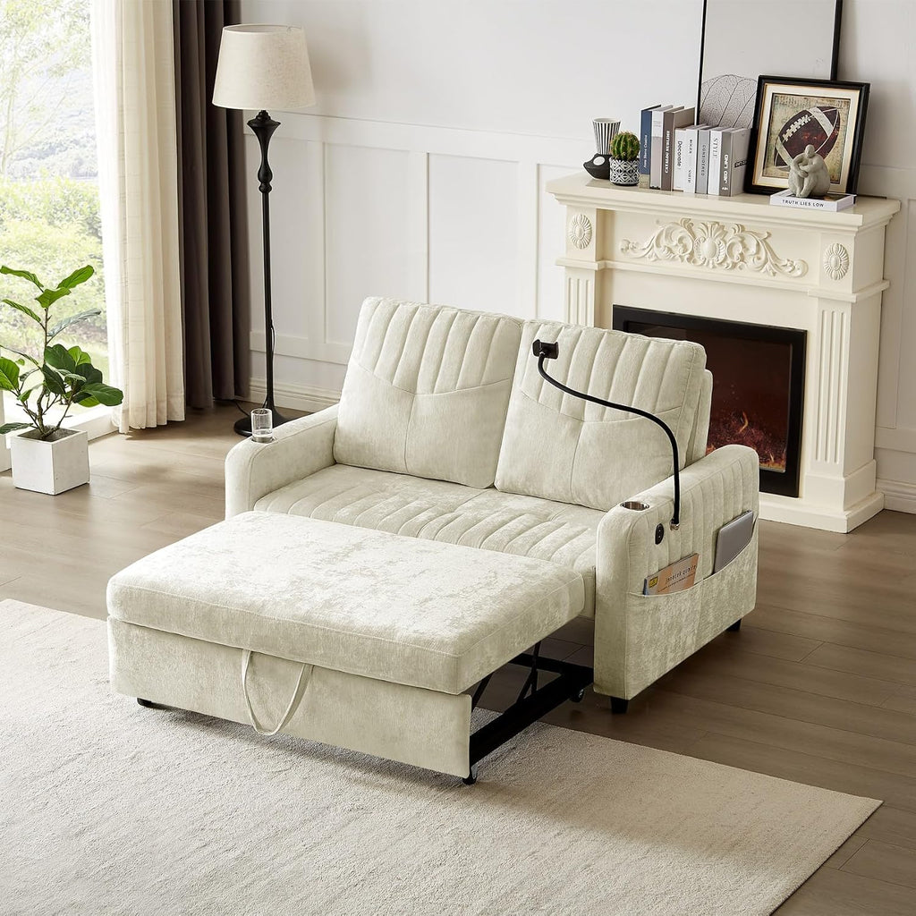 Merax Chenille 3-in-1 Pull Out Sleeper Sofa Bed Couch, 54' Convertible Futon Loveseat with Adjustable Backrest, 2 Cup Holders, Phone Stand, 3 Charging Ports and Storage Pockets for Living Room, Beige