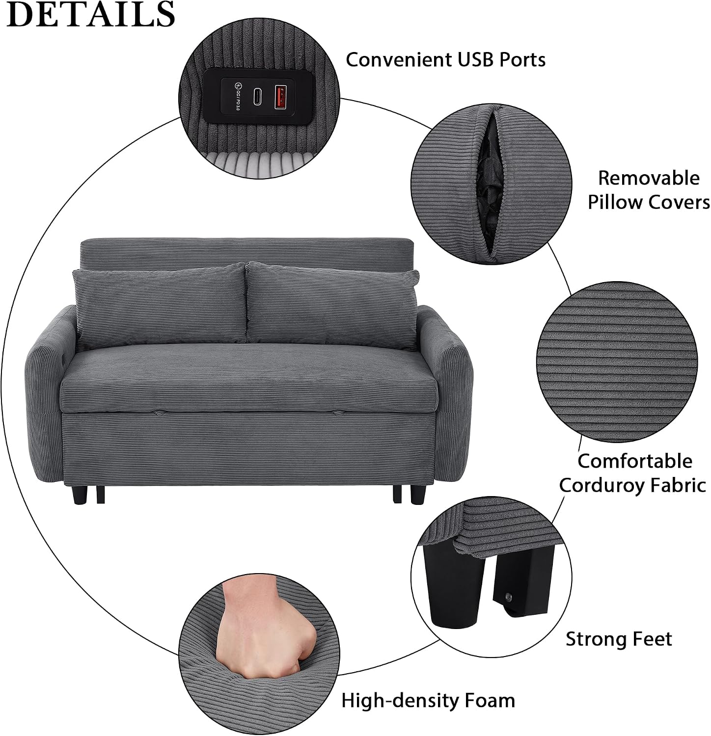 Merax Pull-Out Sofa Bed with Adjustable Backrest and Two Throw Pillows, 2 Seat Loveseat Lounge & Type C and USB Ports, 3 in 1 Convertible Sleeper Couch for Living Room, Dark Grey
