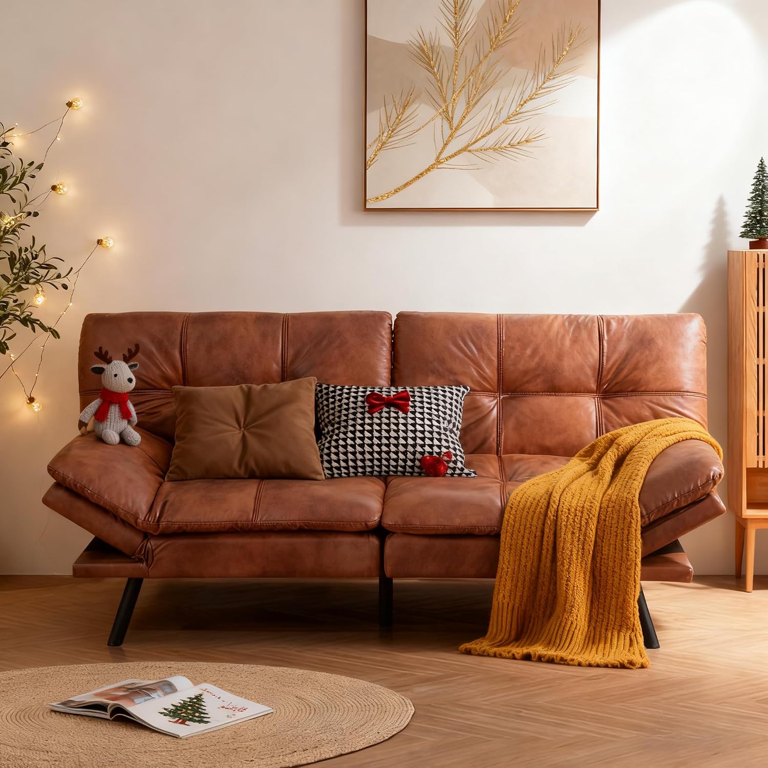 Opoiar Futon Sofa Bed Modern, Memory Foam Futon, Sofa Bed Couch Sleeper, Convertible Futon Couch, Christmas Memory Foam Couch Convertible Loveseat for Living Room, Apartment, Studio, Brown (267PU-CH)