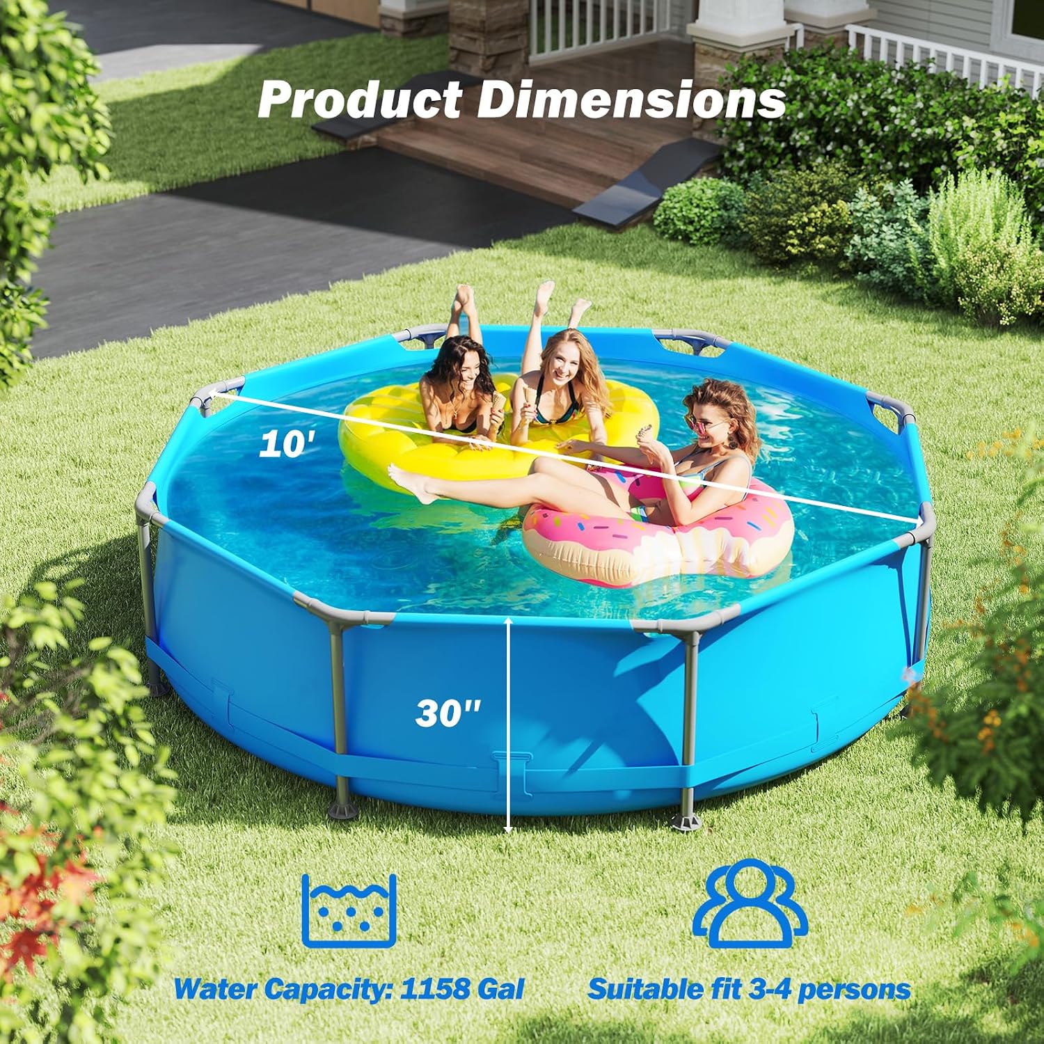Goplus Above Ground Swimming Pool, 10' x 10' x 30'' Metal Frame Family Pool Set w/PVC Fabric, 3 Stoppers, Drainage Valve Connector, for Outdoor, Backyard, Garden, Patio (10' Round, 1158 Gal, Blue)